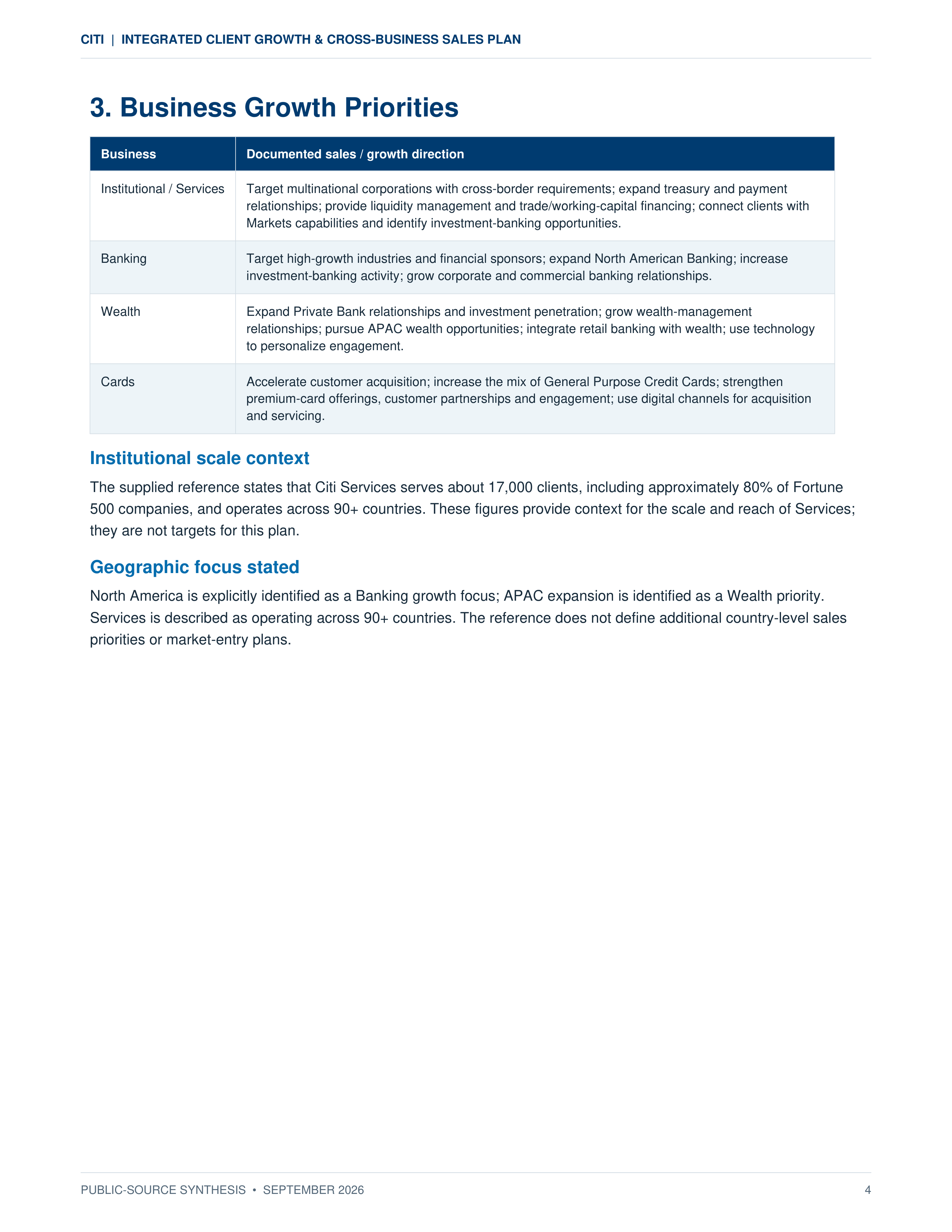 Citi Integrated Client Growth & Cross-Business Sales Plan — page 4