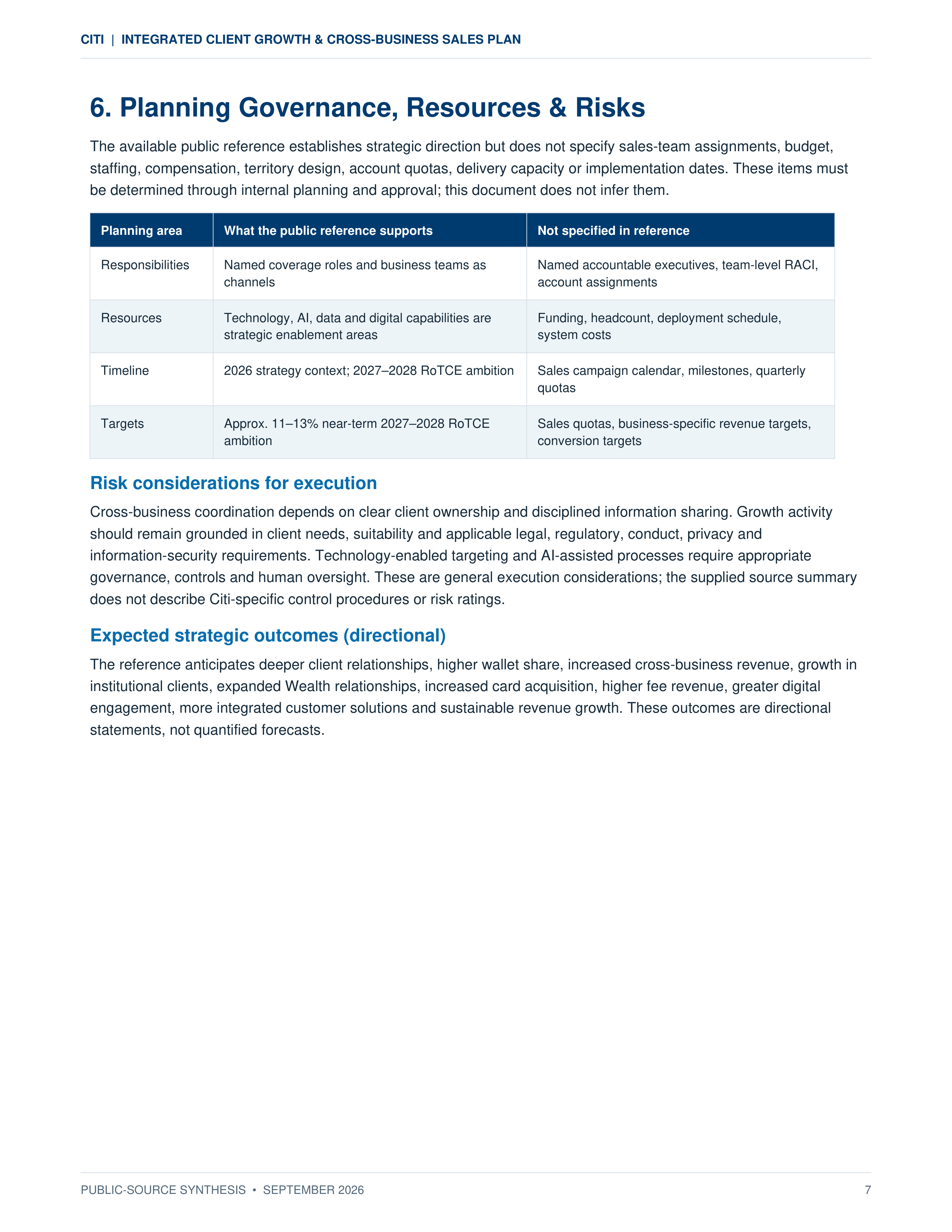 Citi Integrated Client Growth & Cross-Business Sales Plan — page 7