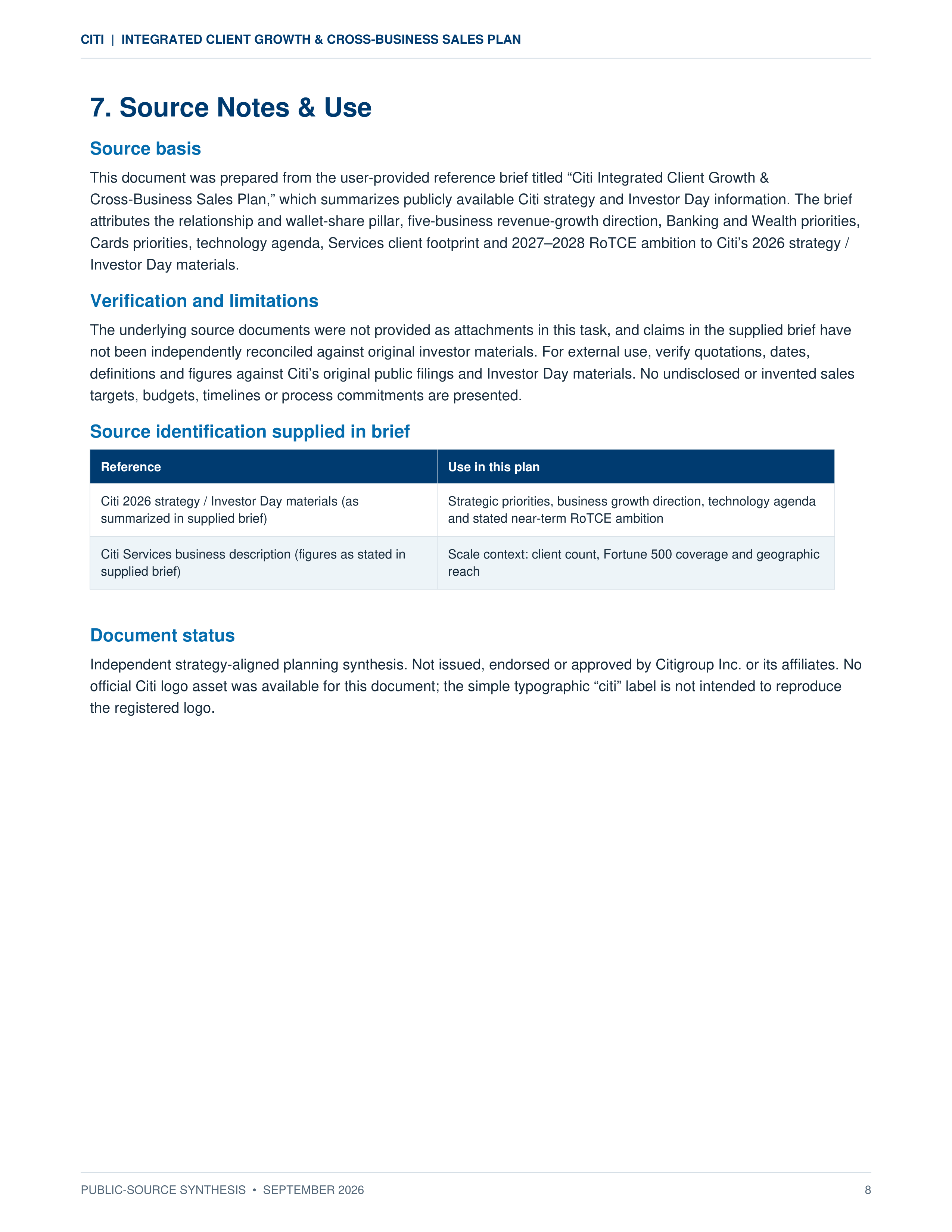 Citi Integrated Client Growth & Cross-Business Sales Plan — page 8