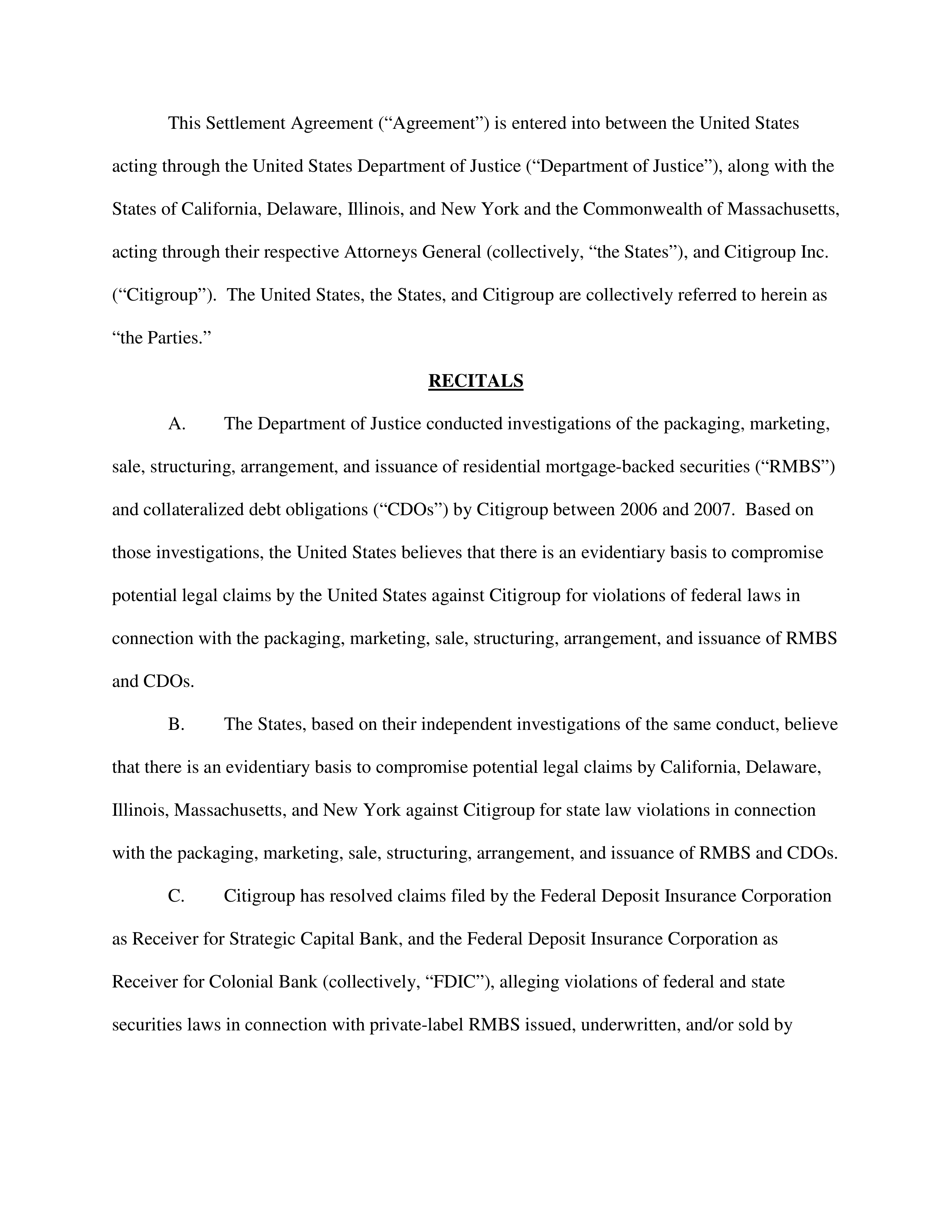 Citigroup Settlement Agreement — page 1