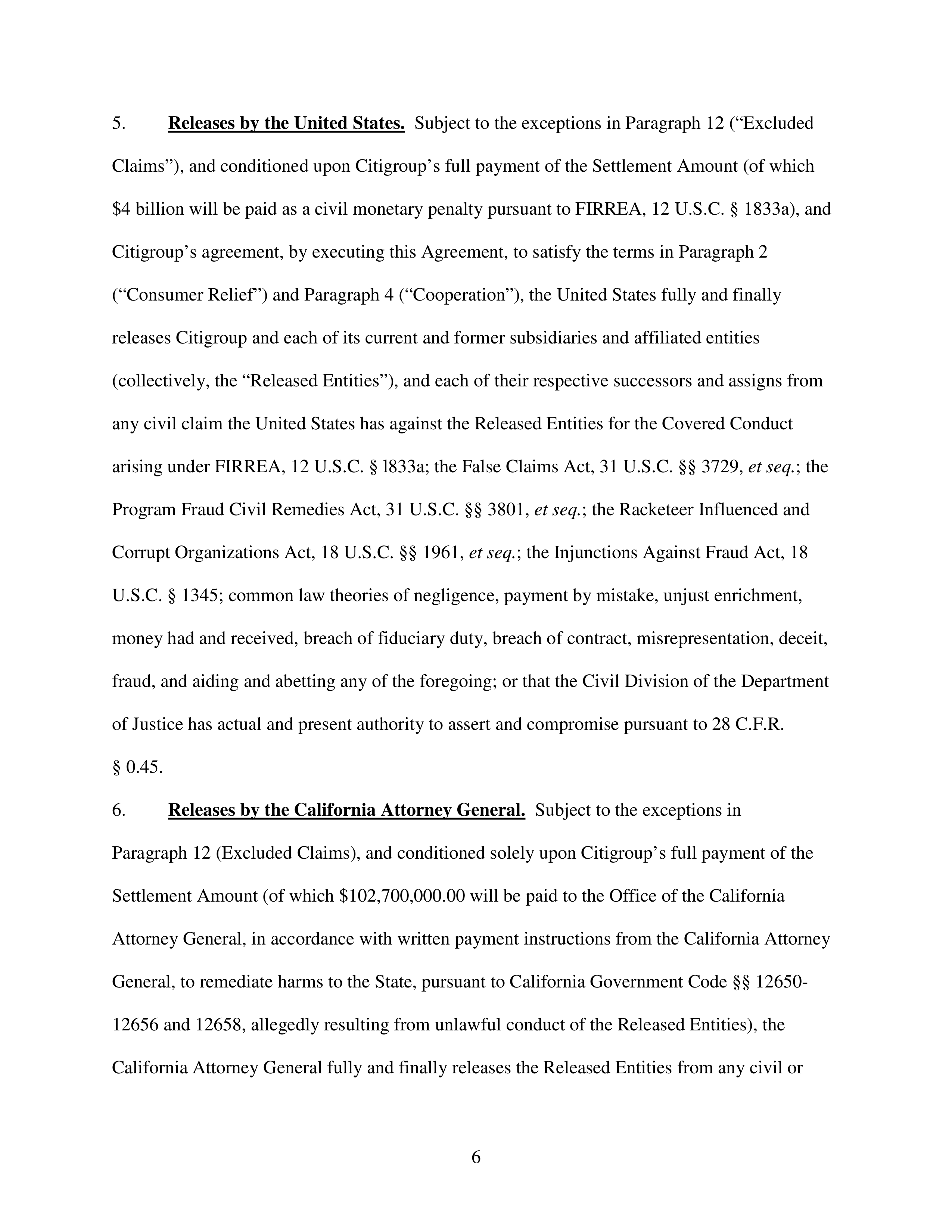 Citigroup Settlement Agreement — page 6