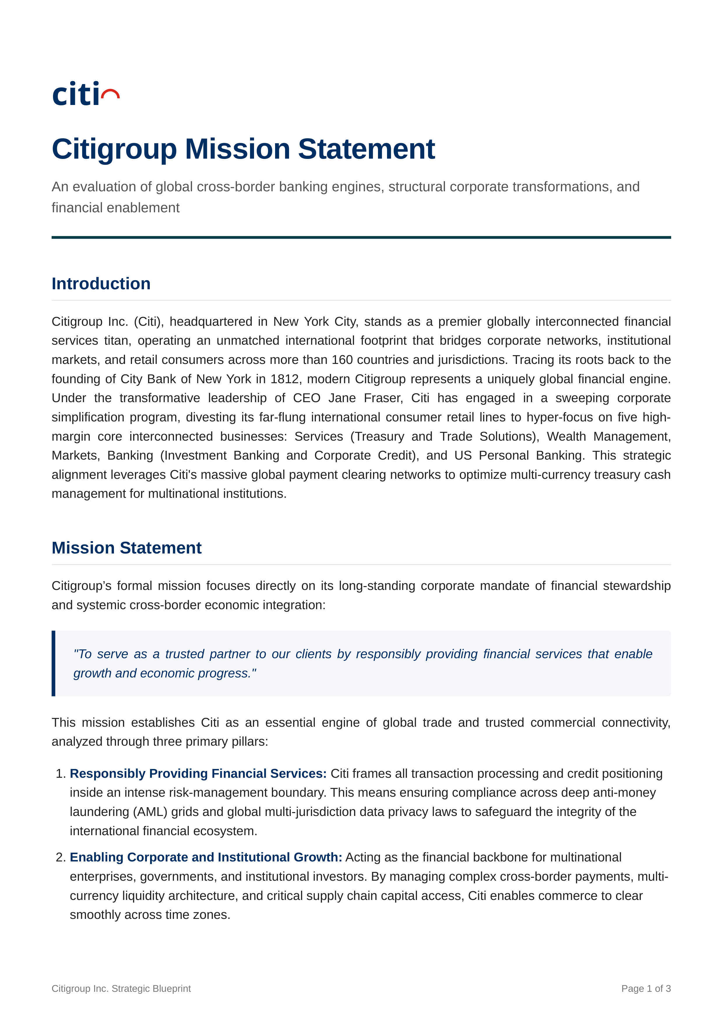 Citigroup Mission Statement — page 1