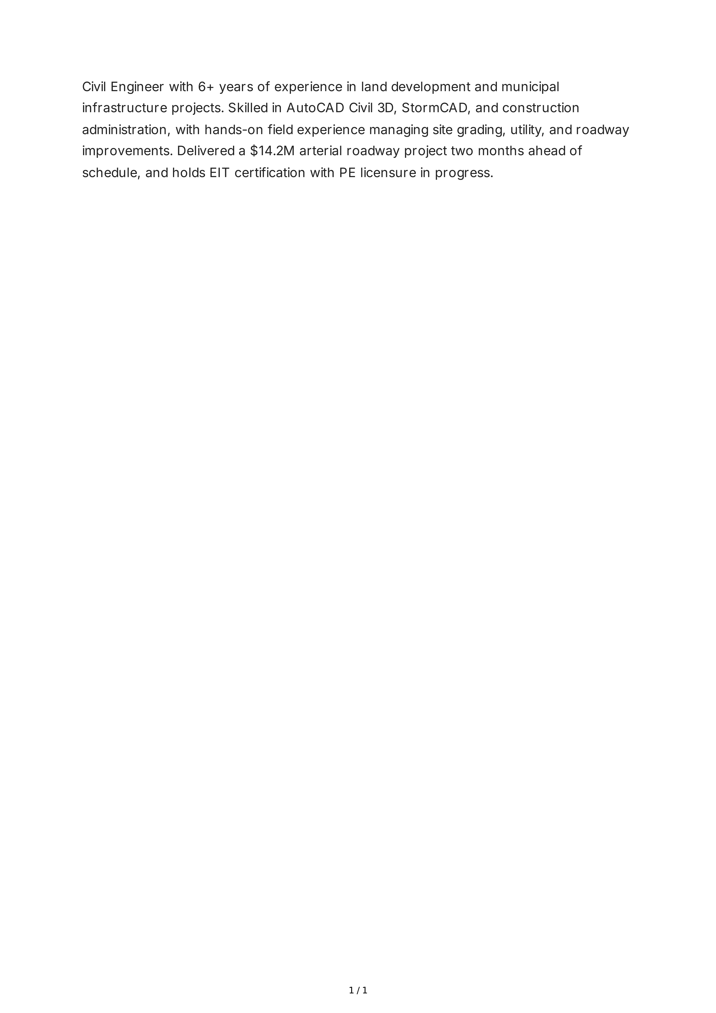 Civil Engineer Resume Summary — page 1