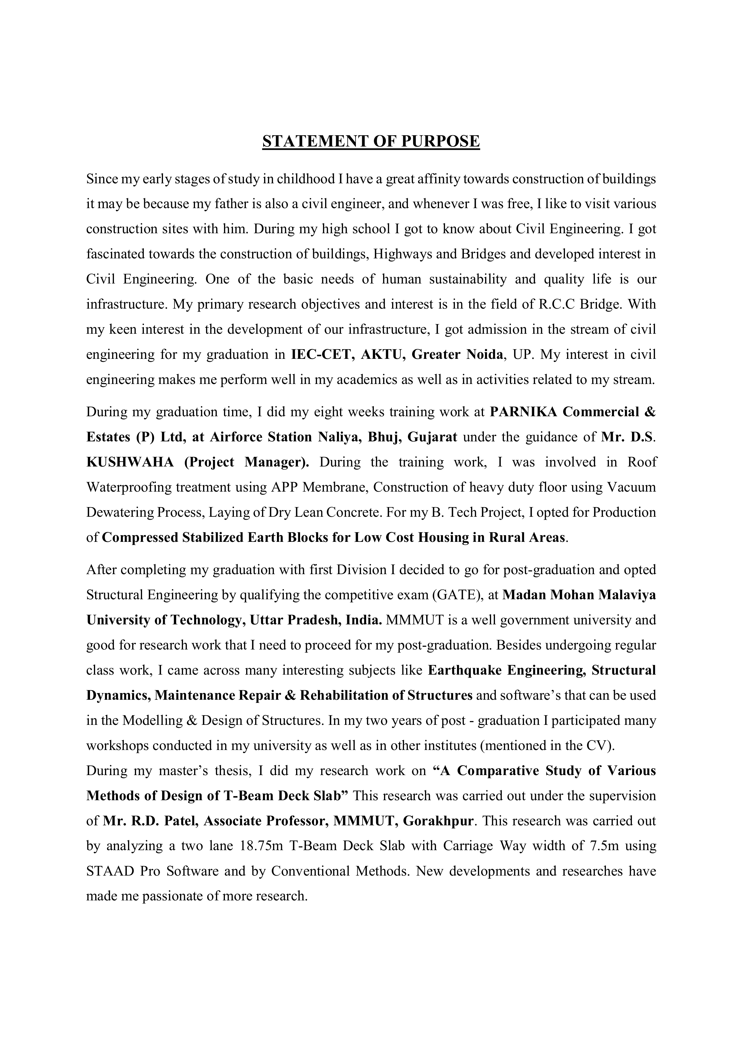 Civil Engineer Statement of Purpose — page 1
