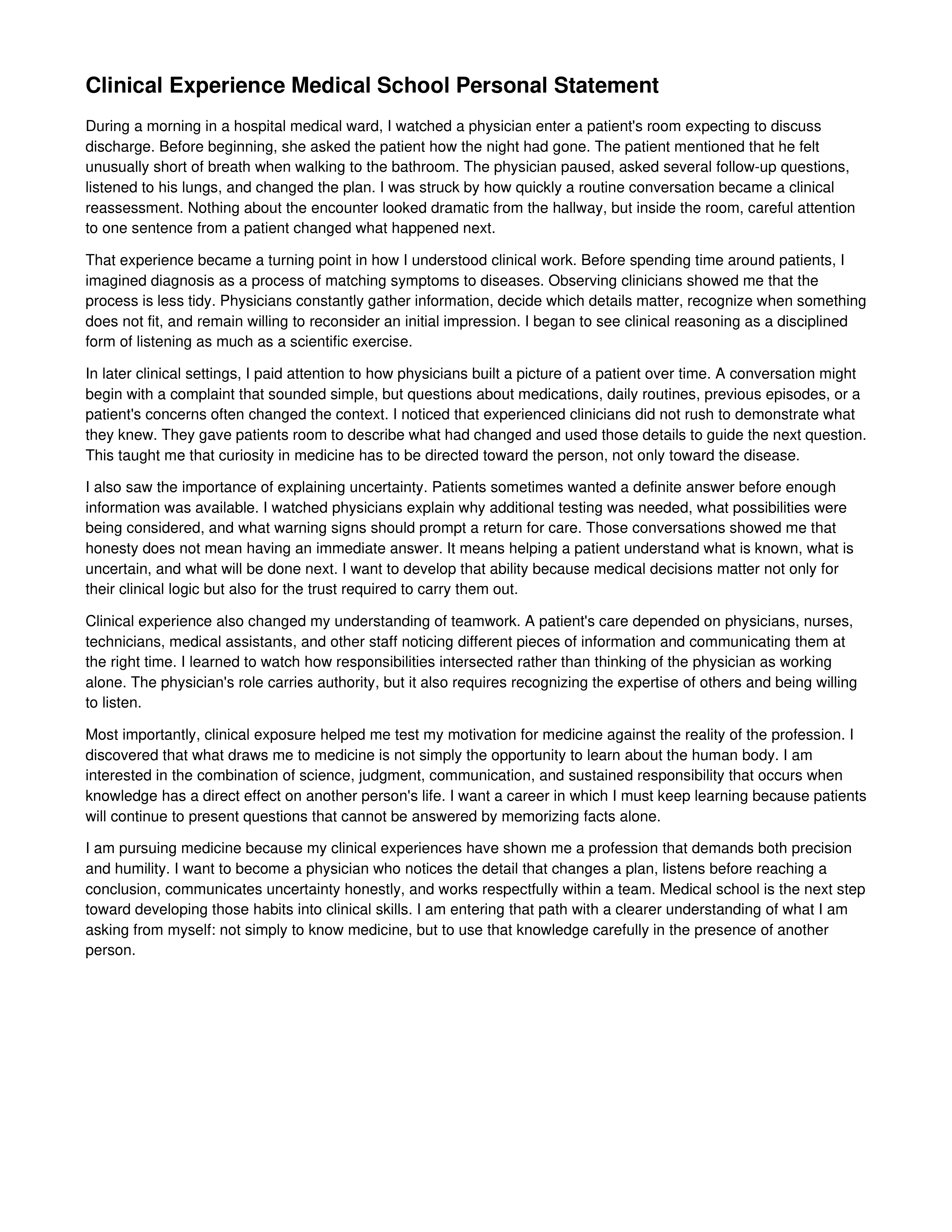 Clinical Experience Medical School Personal Statement — page 1