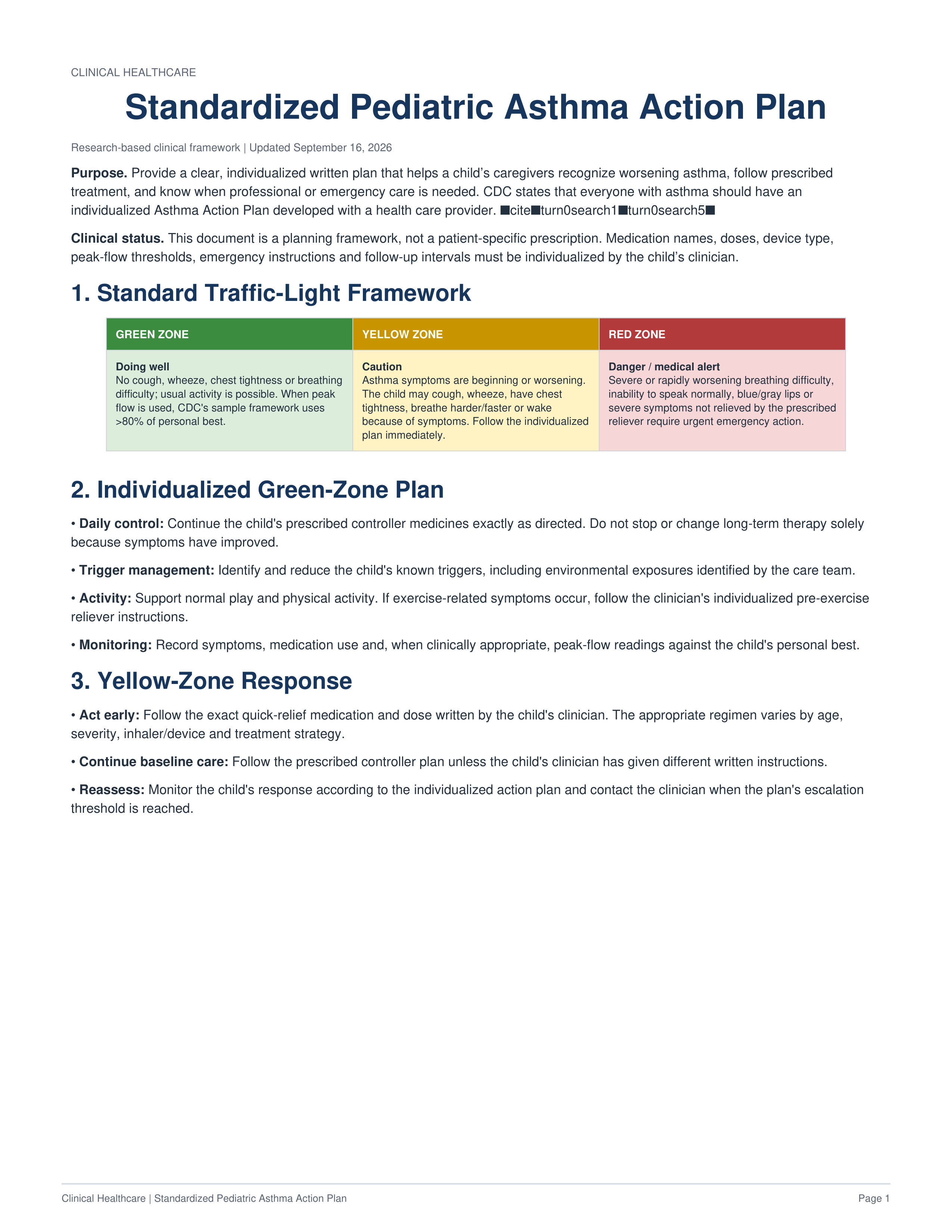 Clinical Healthcare Standardized Pediatric Asthma Action Plan — page 1