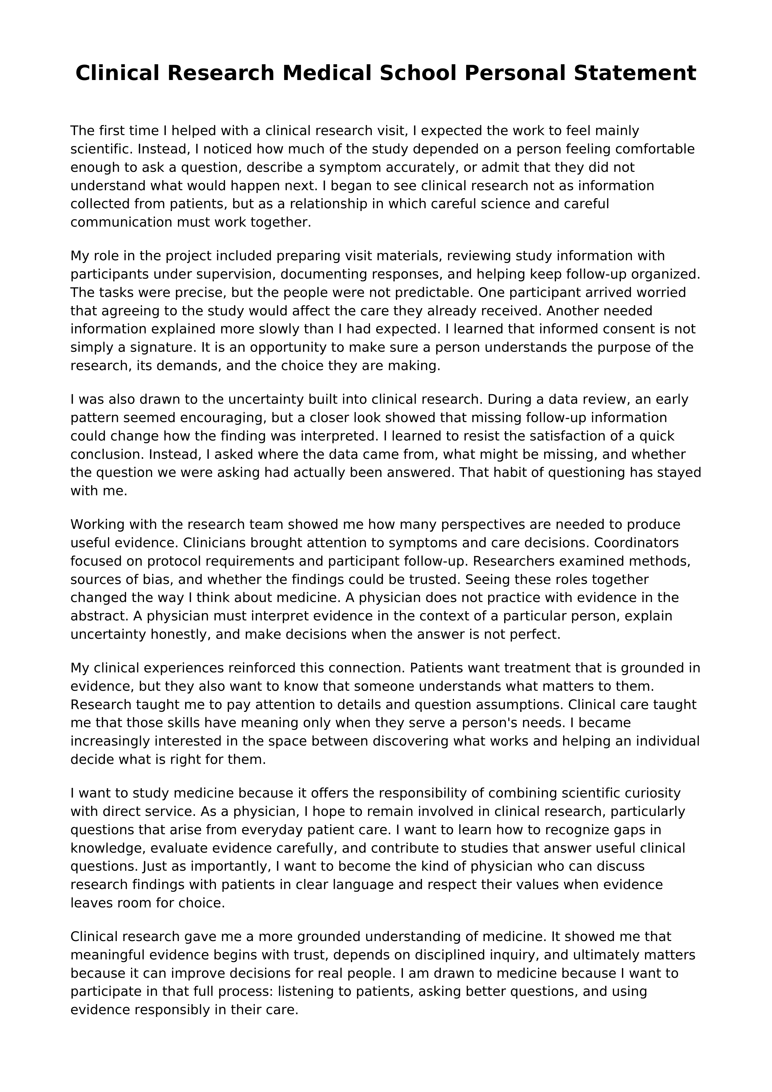 Clinical Research Medical School Personal Statement — page 1