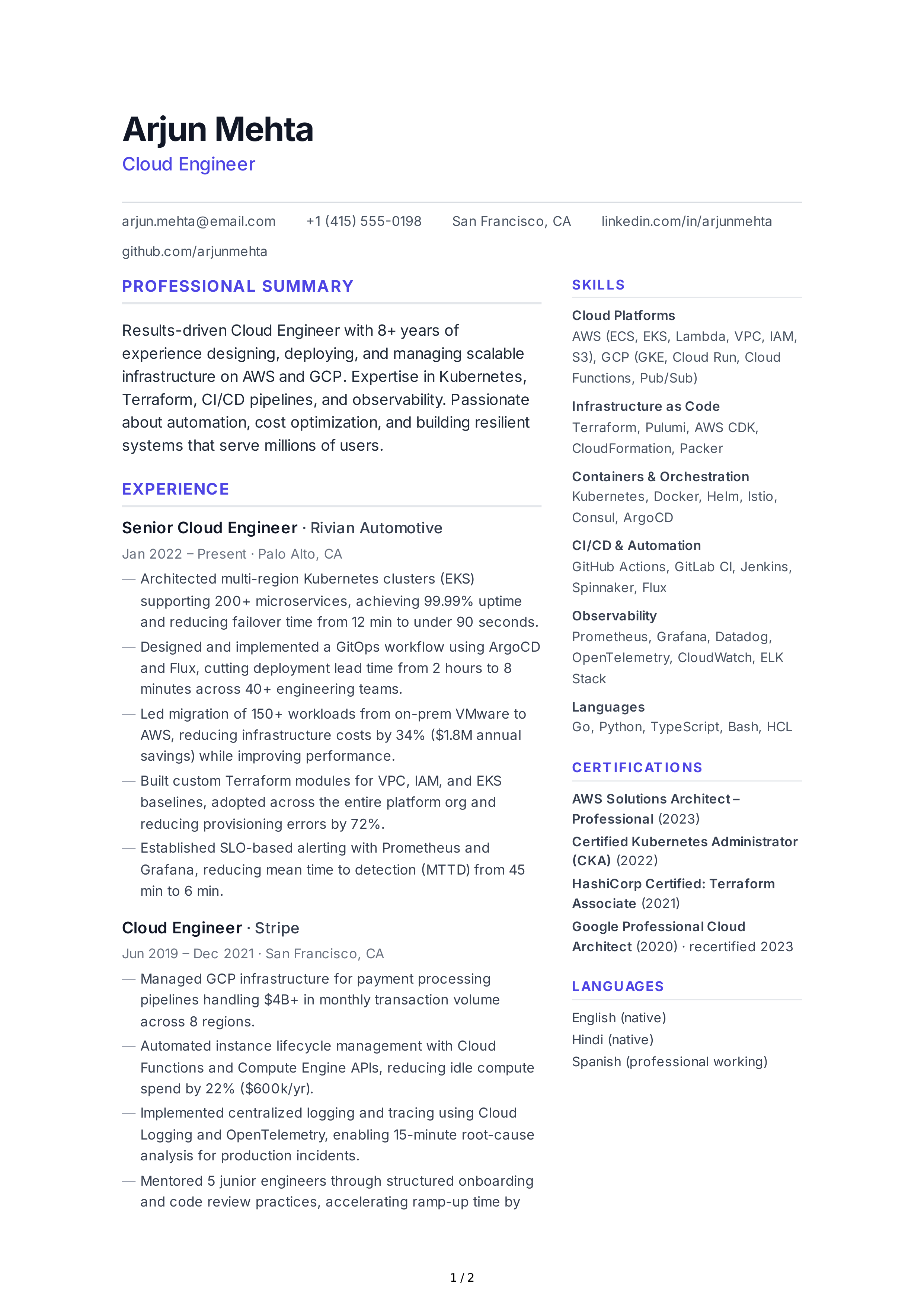 Cloud Engineer CV — page 1