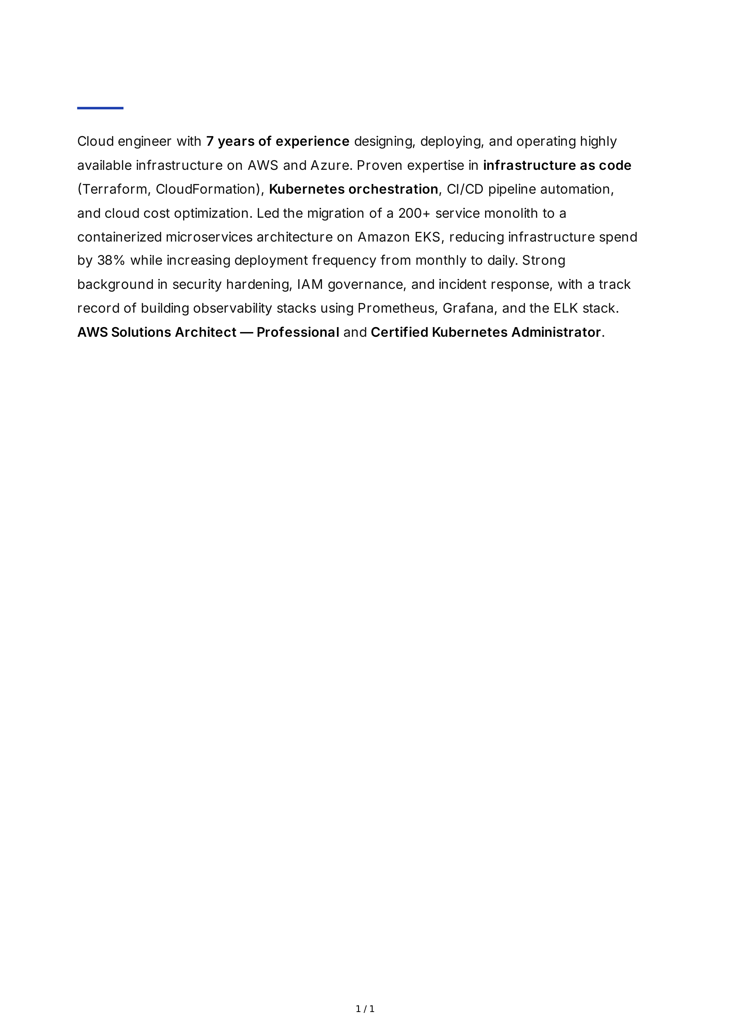 Cloud Engineer Resume Summary — page 1