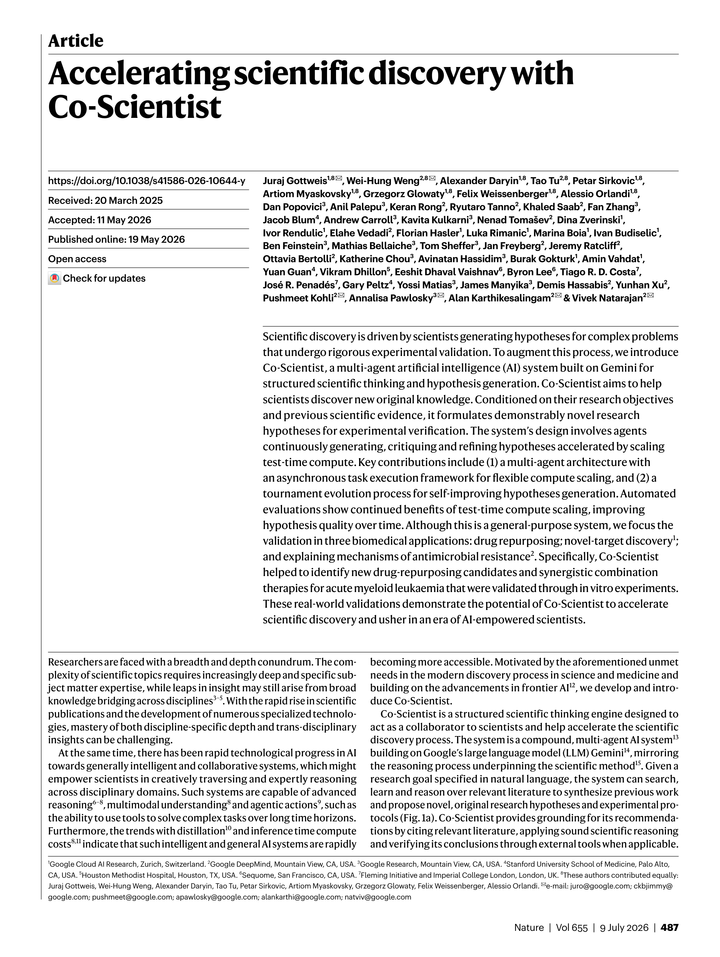 Co-Scientist Research Paper by Google DeepMind — page 1