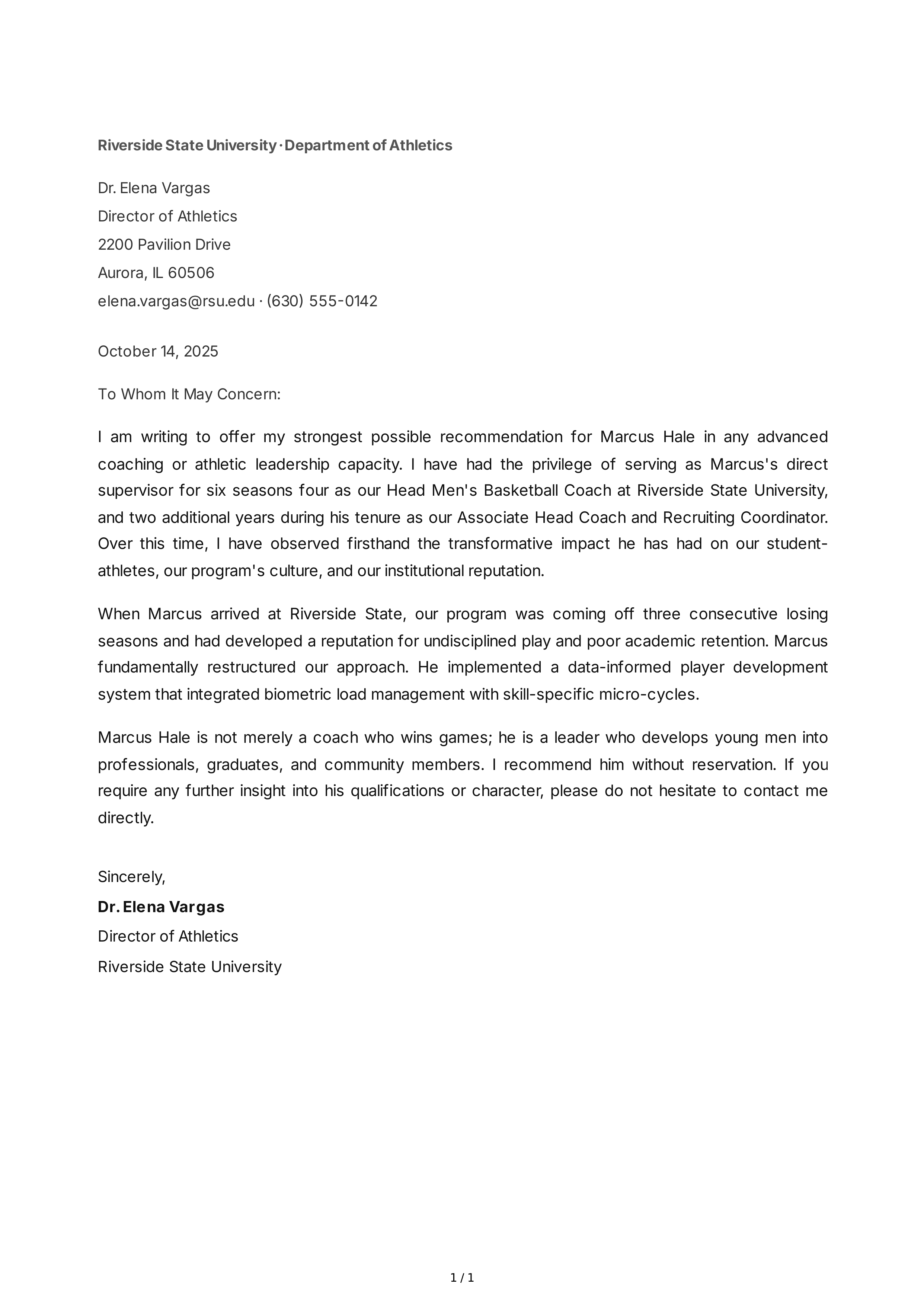 Coaching Reference Letter — page 1