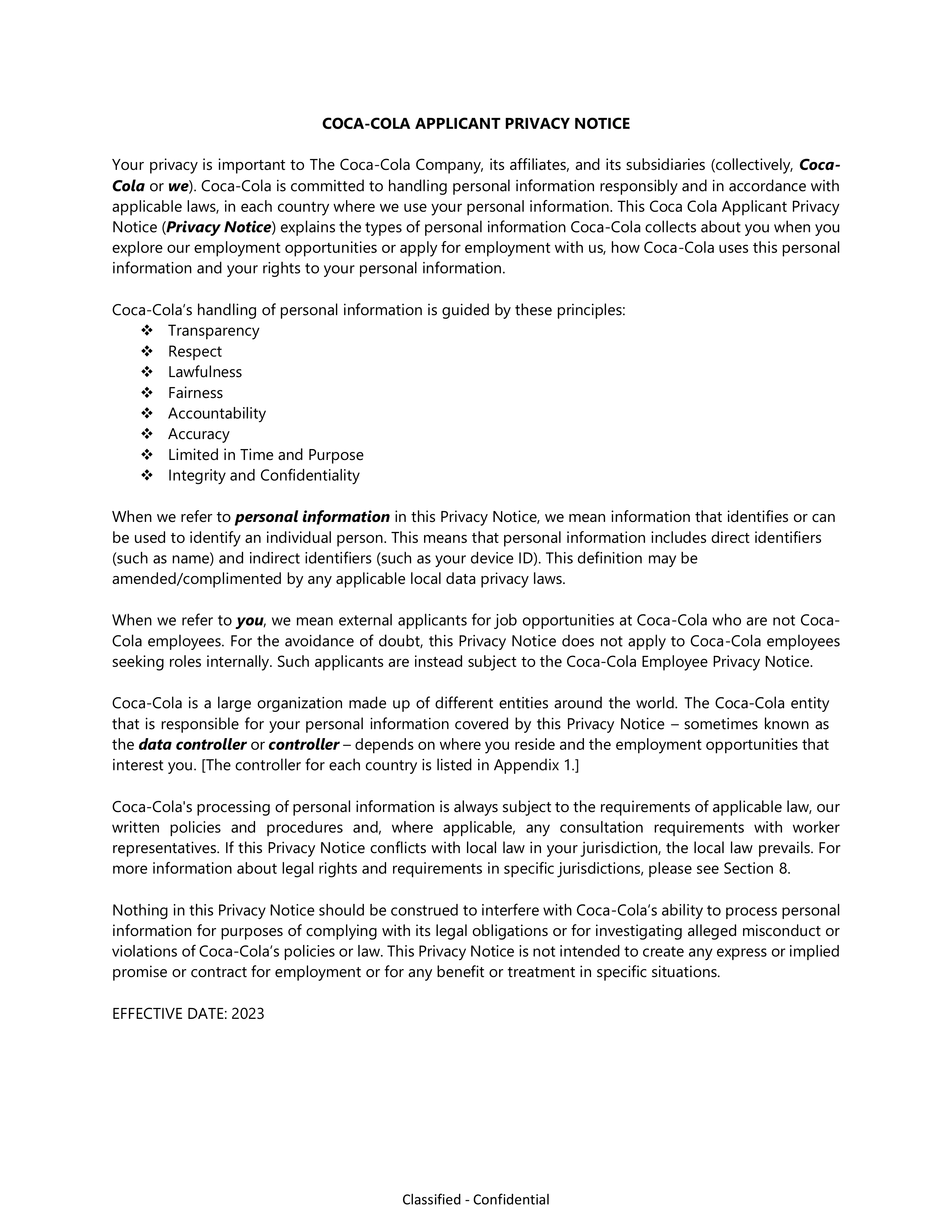 Coca-Cola Applicant Privacy Notice — page 1