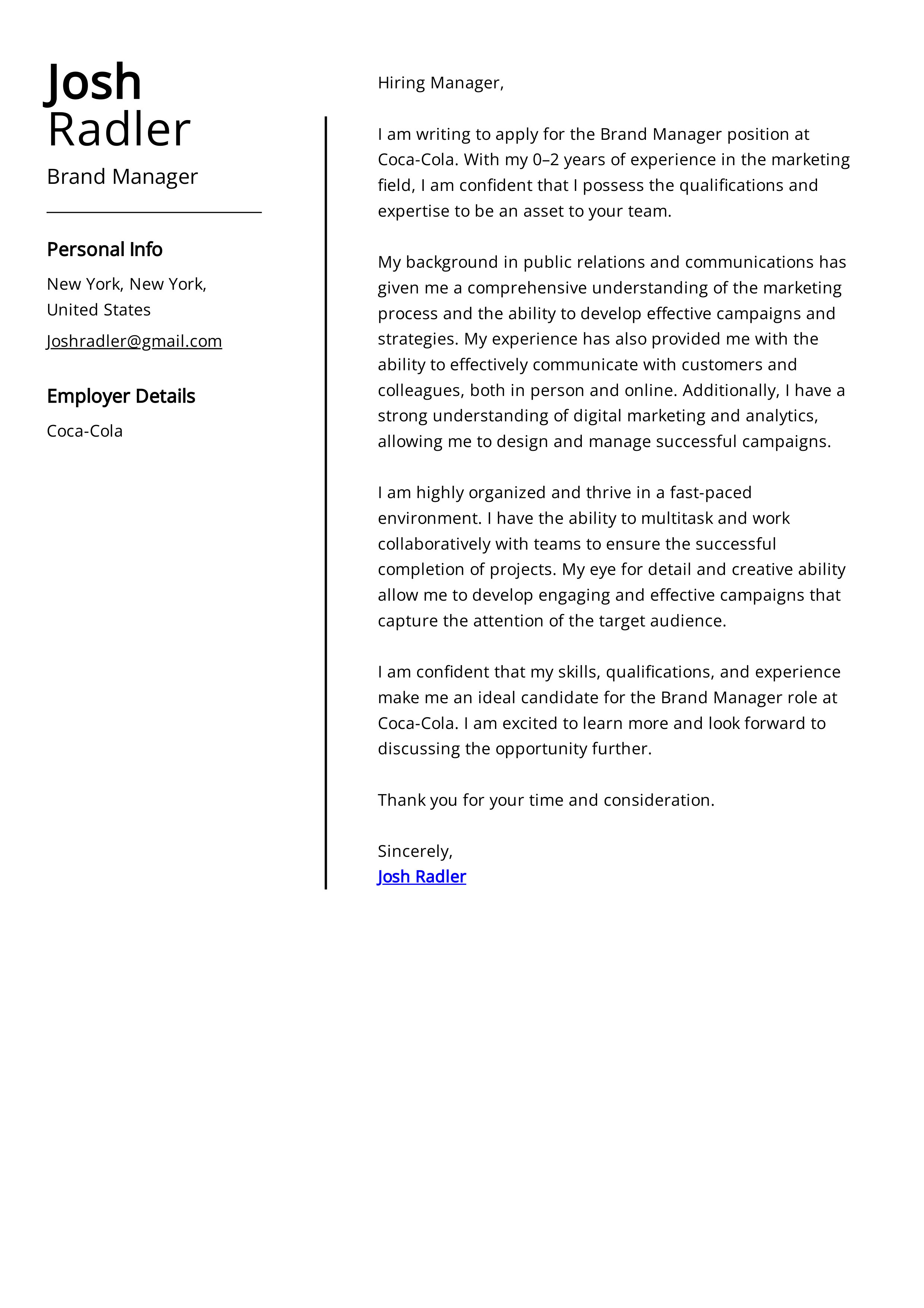 Coca-Cola Brand Manager Cover Letter — page 1
