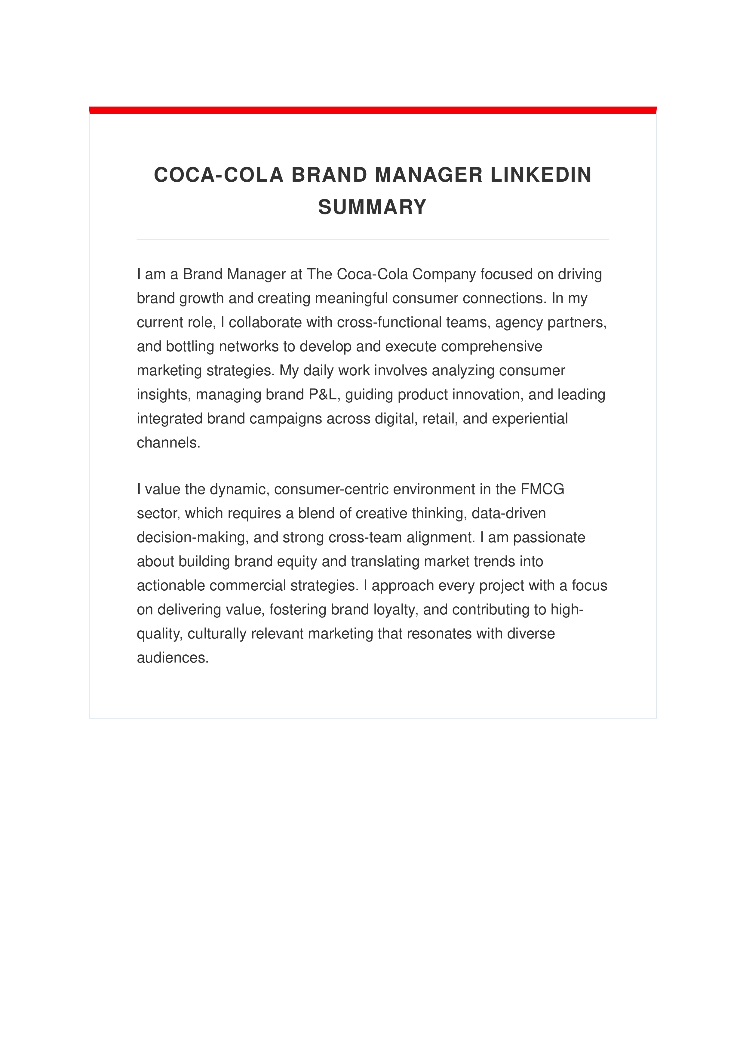 Coca-Cola Brand Manager LinkedIn Summary — page 1