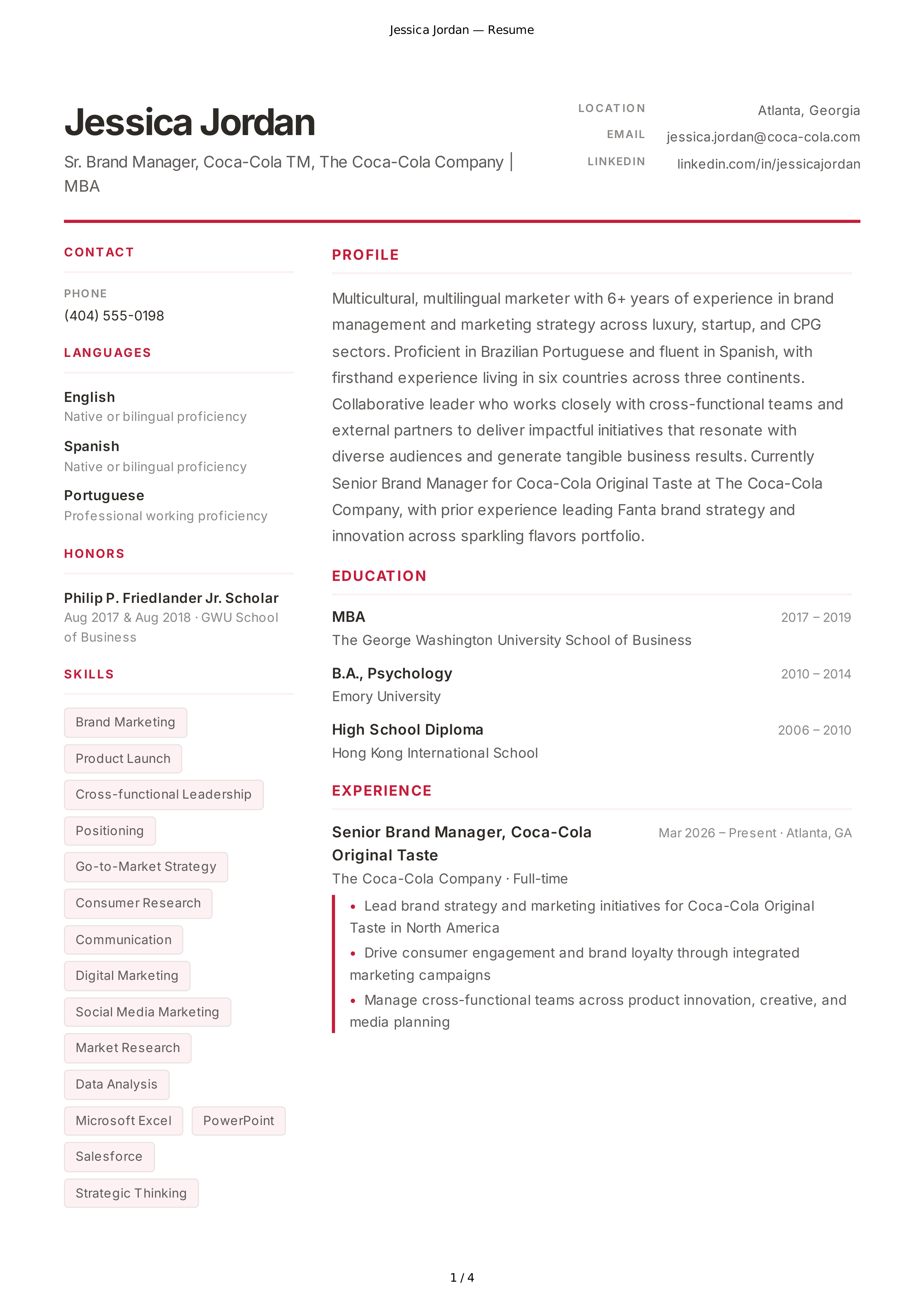 Coca-Cola Brand Manager Resume — page 1