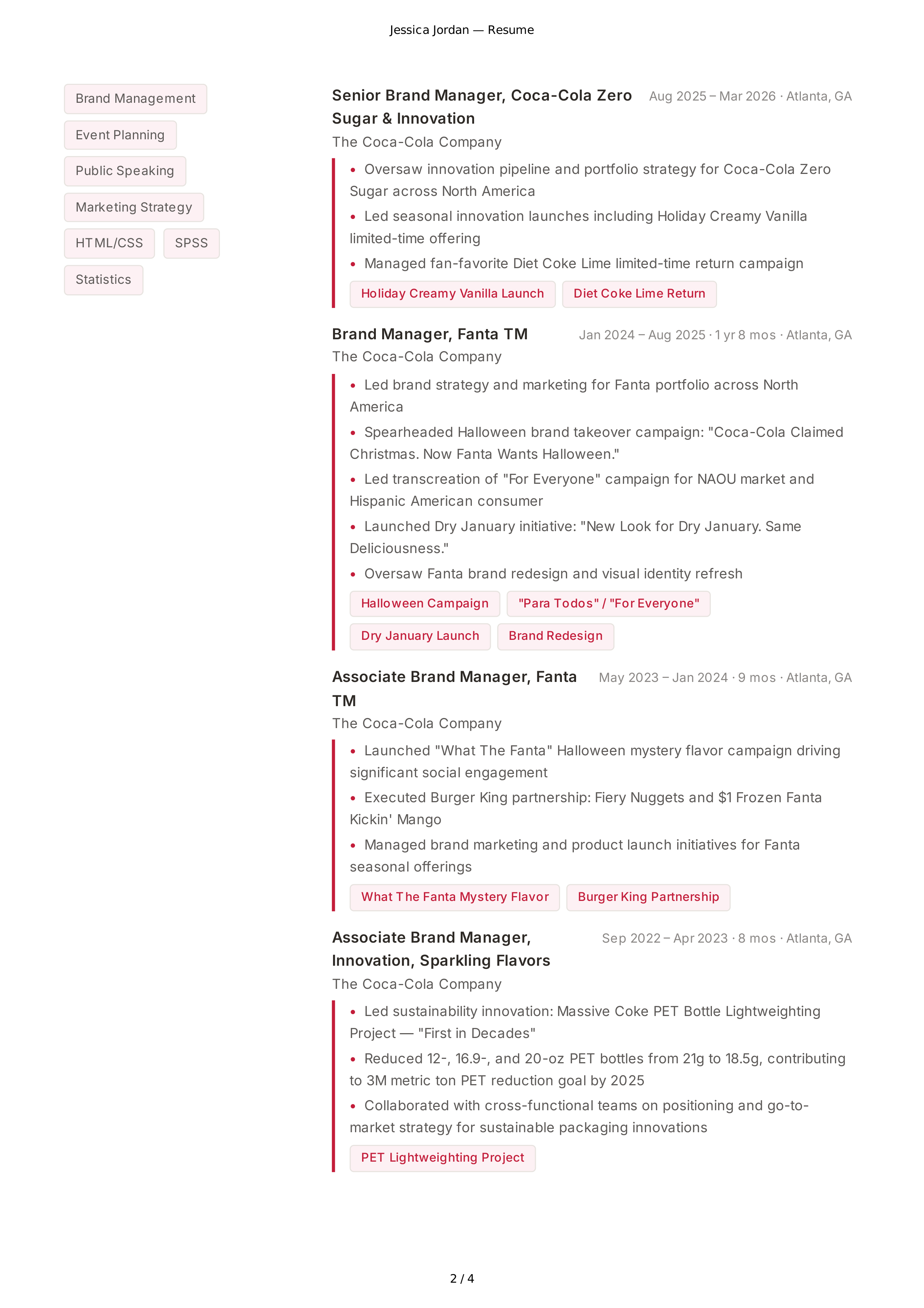 Coca-Cola Brand Manager Resume — page 2