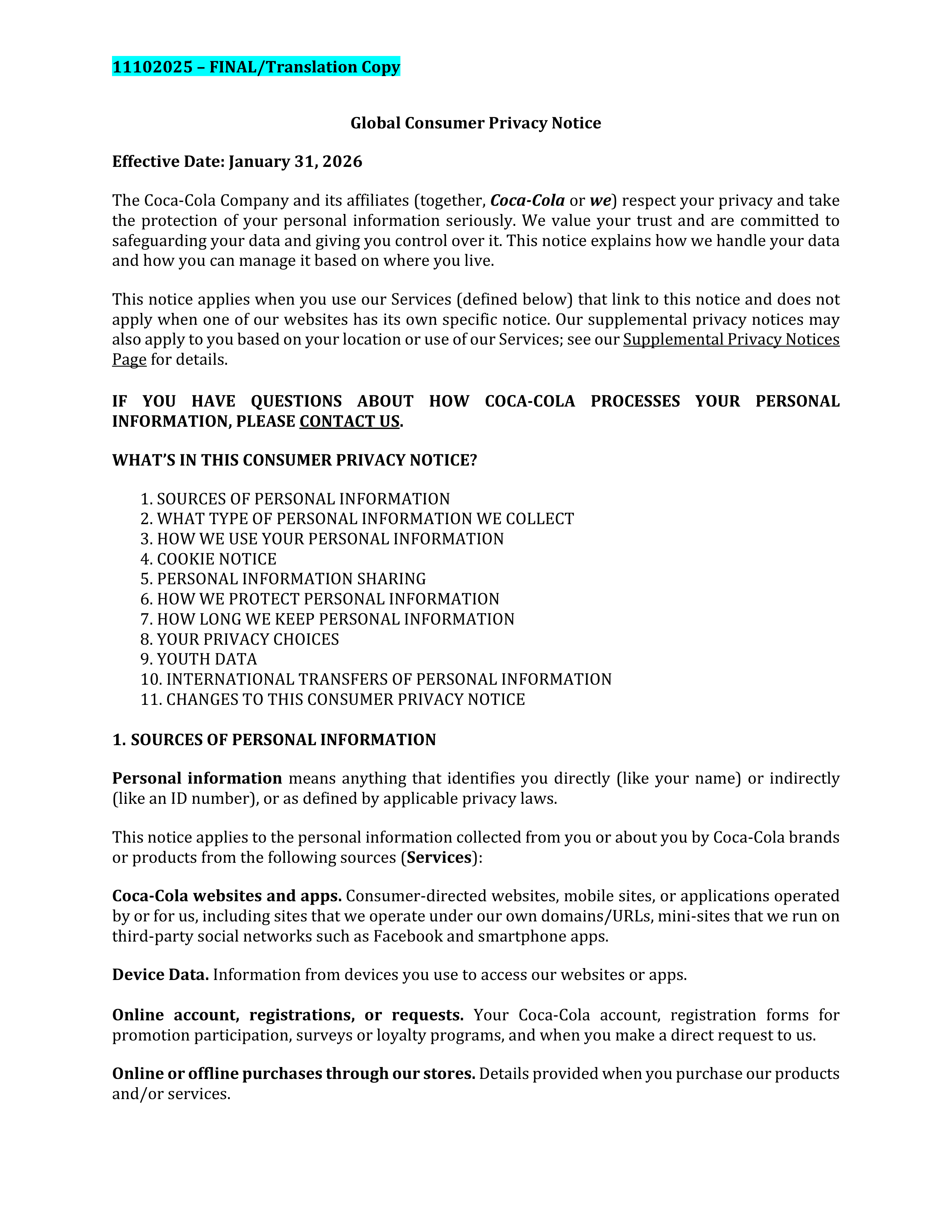 Coca-Cola Global Consumer Privacy Notice — page 1