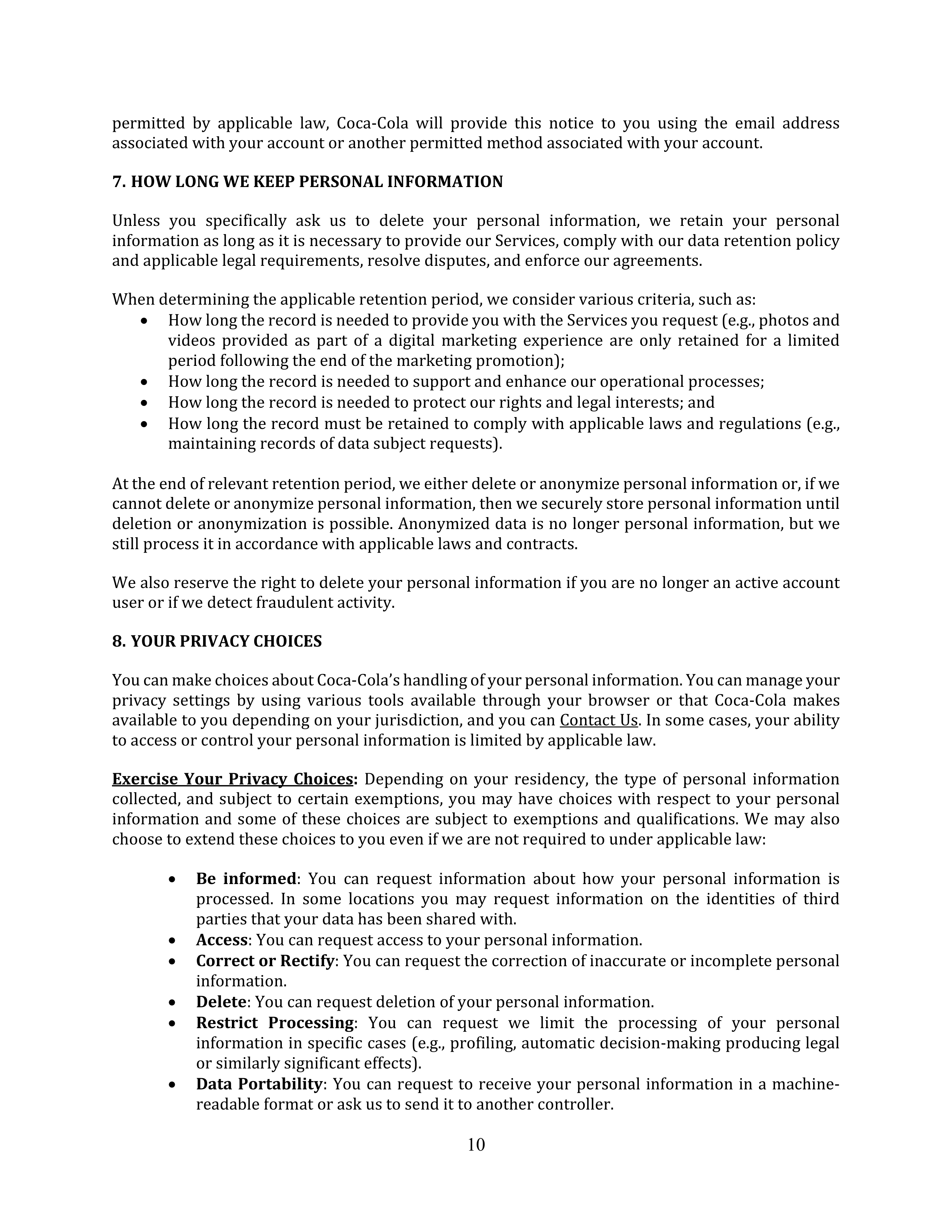 Coca-Cola Global Consumer Privacy Notice — page 10