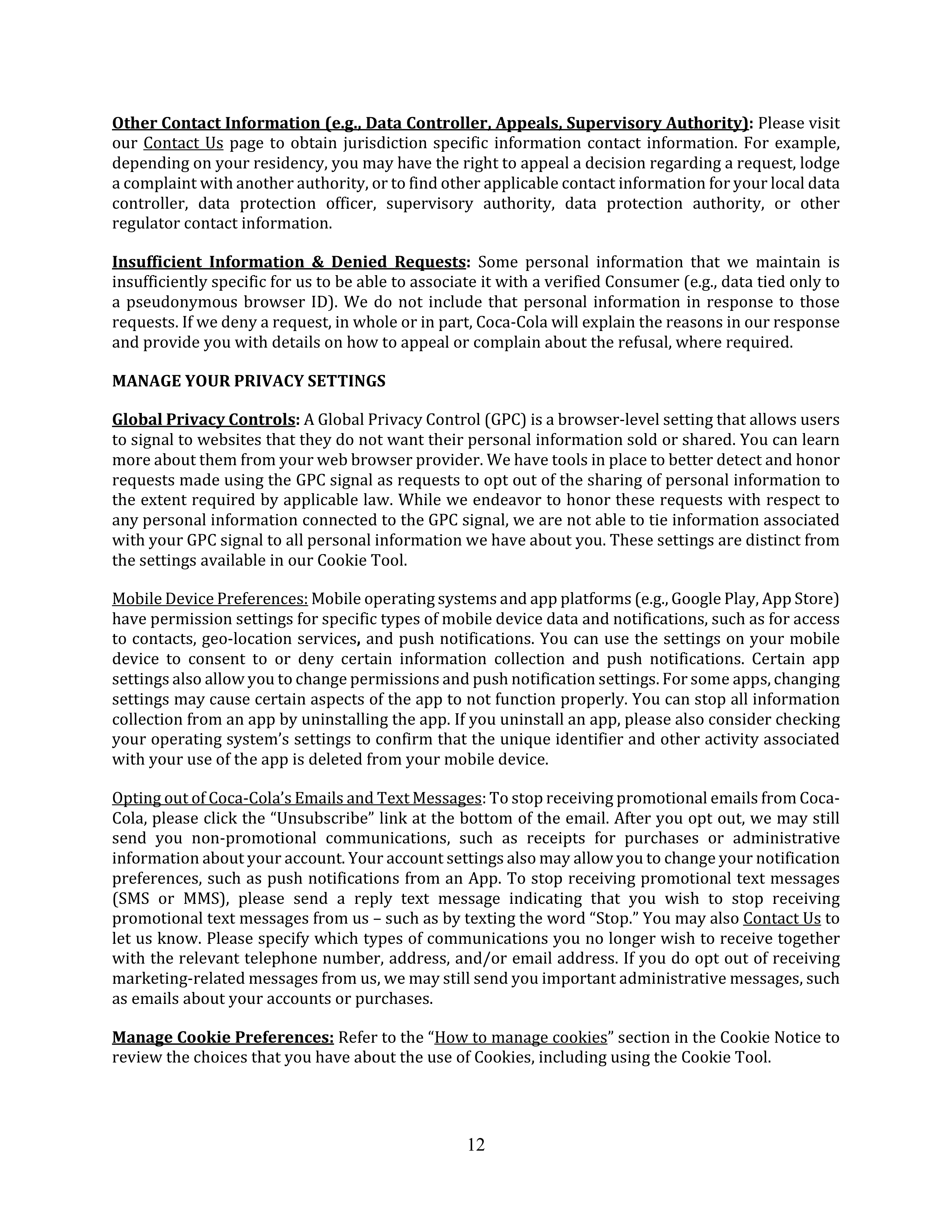 Coca-Cola Global Consumer Privacy Notice — page 12