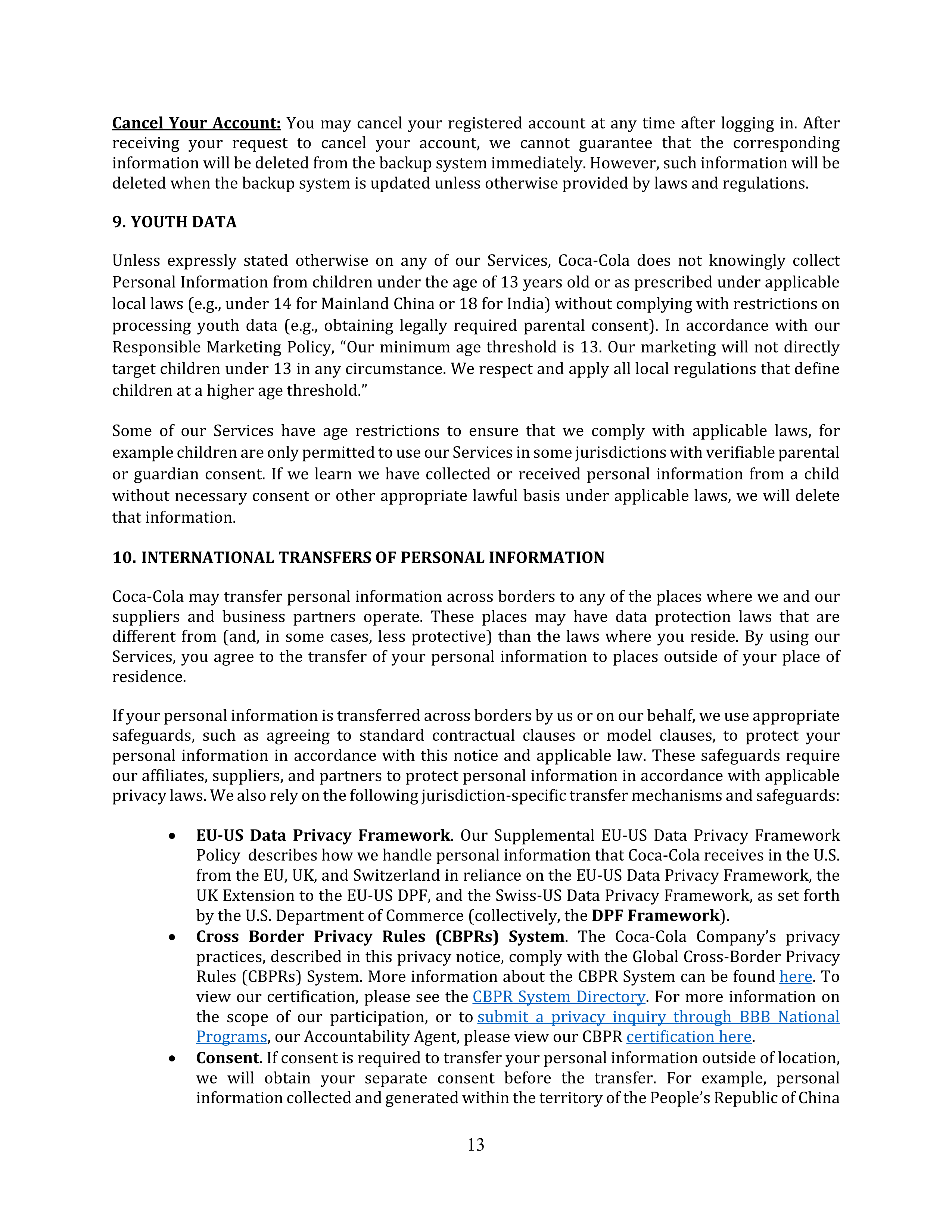 Coca-Cola Global Consumer Privacy Notice — page 13
