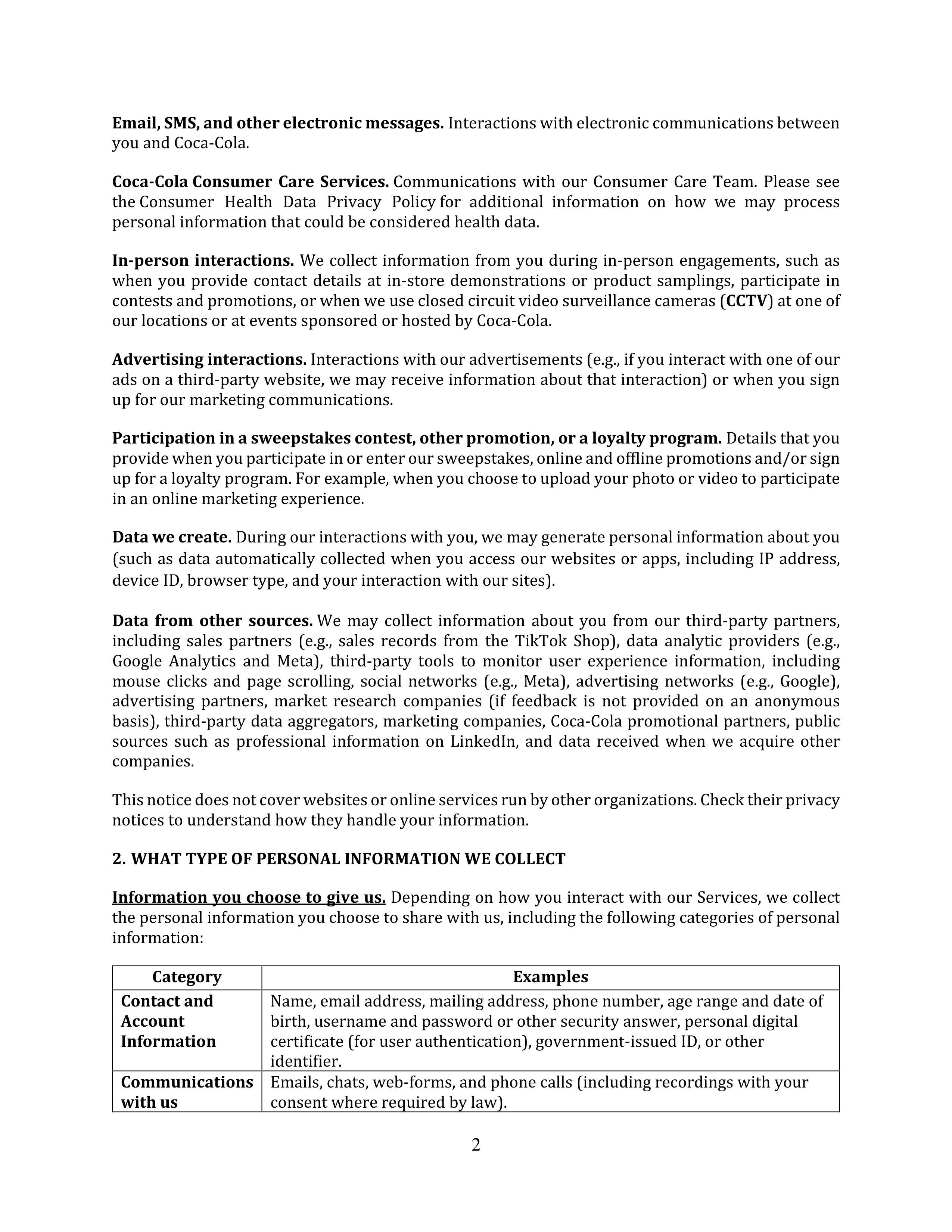 Coca-Cola Global Consumer Privacy Notice — page 2