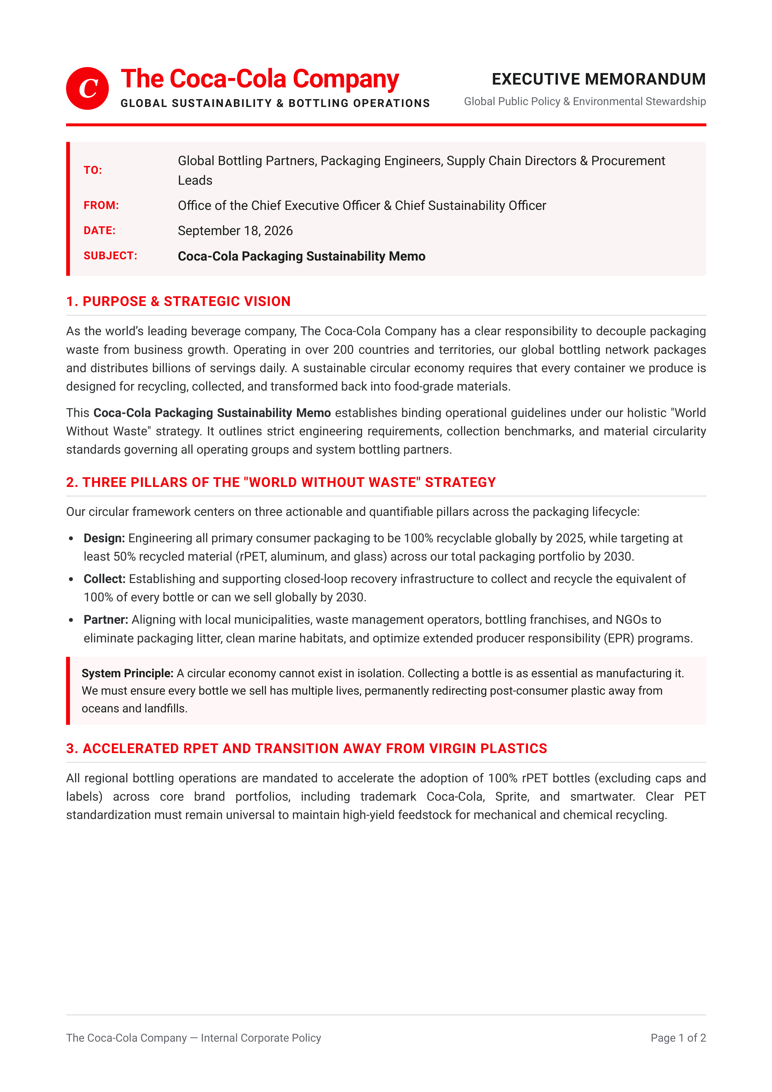 Coca-Cola Packaging Sustainability Memo — page 1