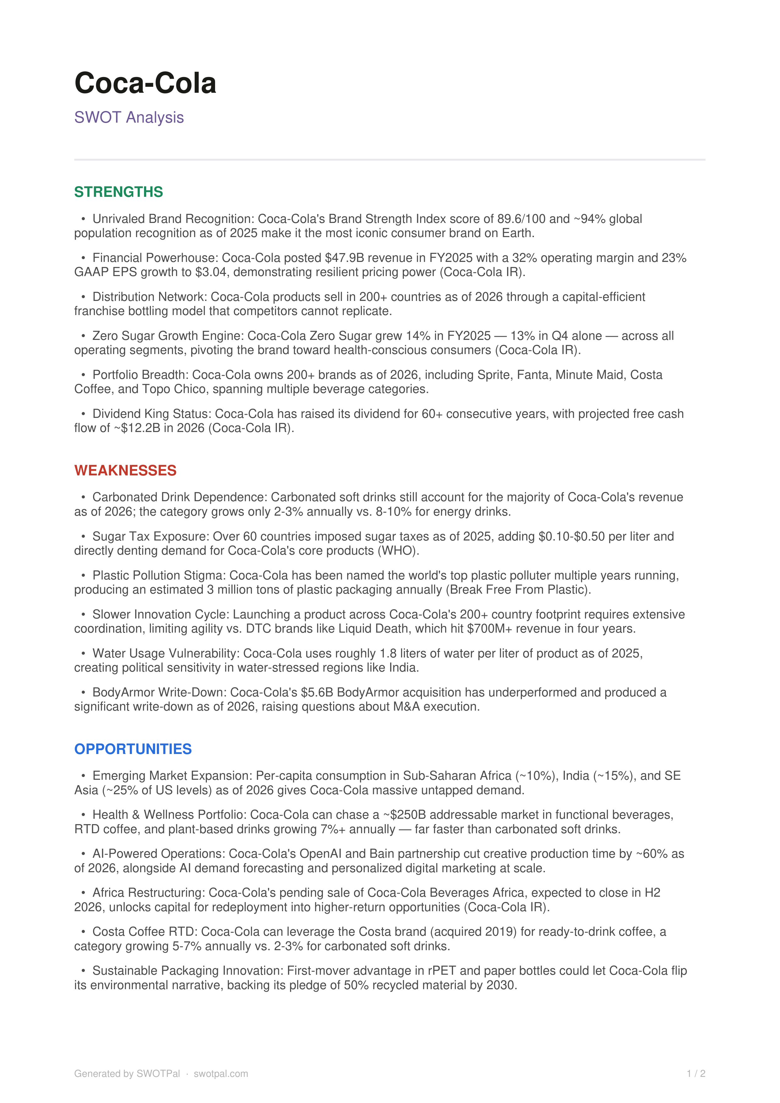 Coca Cola SWOT Analysis  — page 1