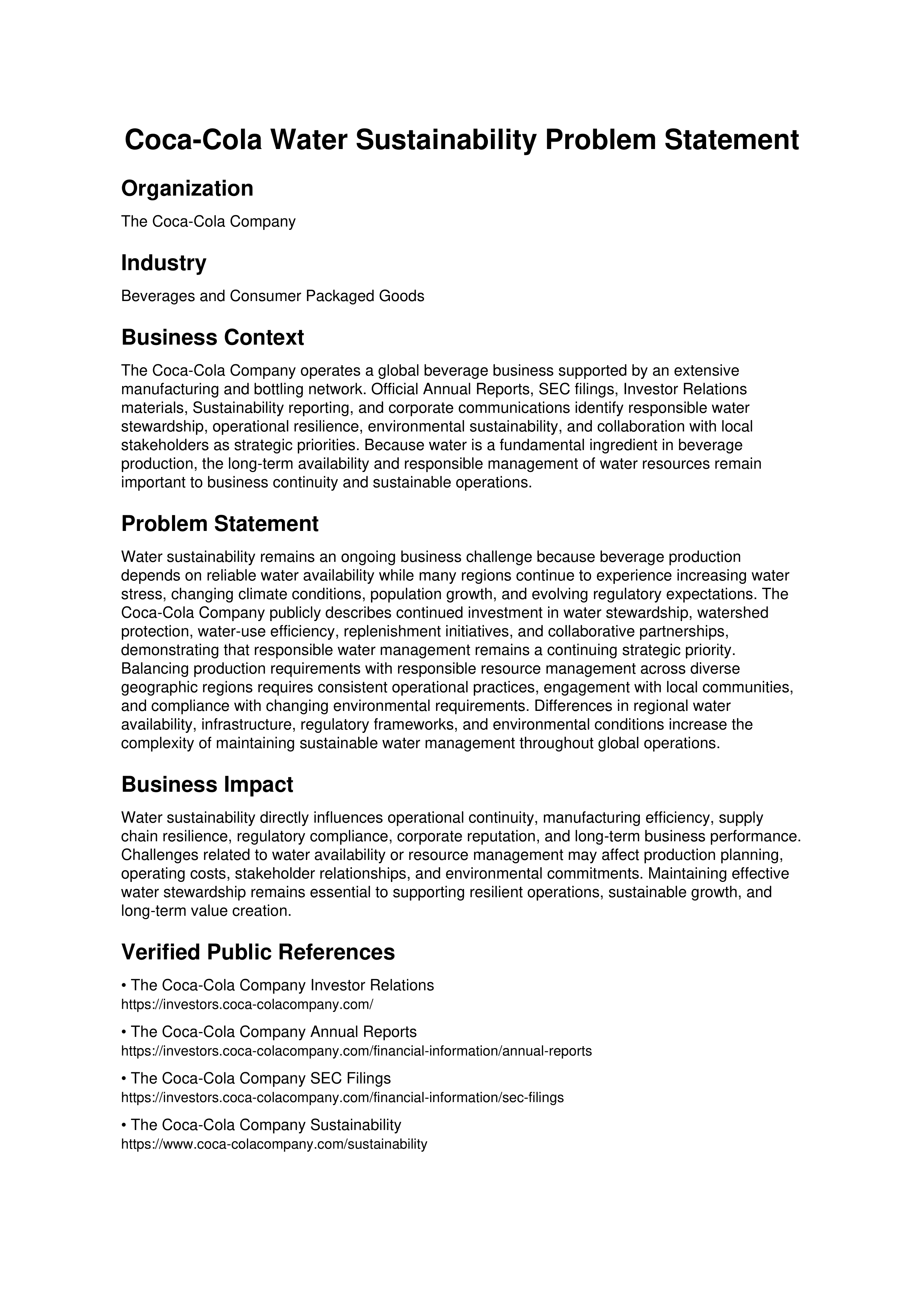 Coca-Cola Water Sustainability Problem Statement — page 1