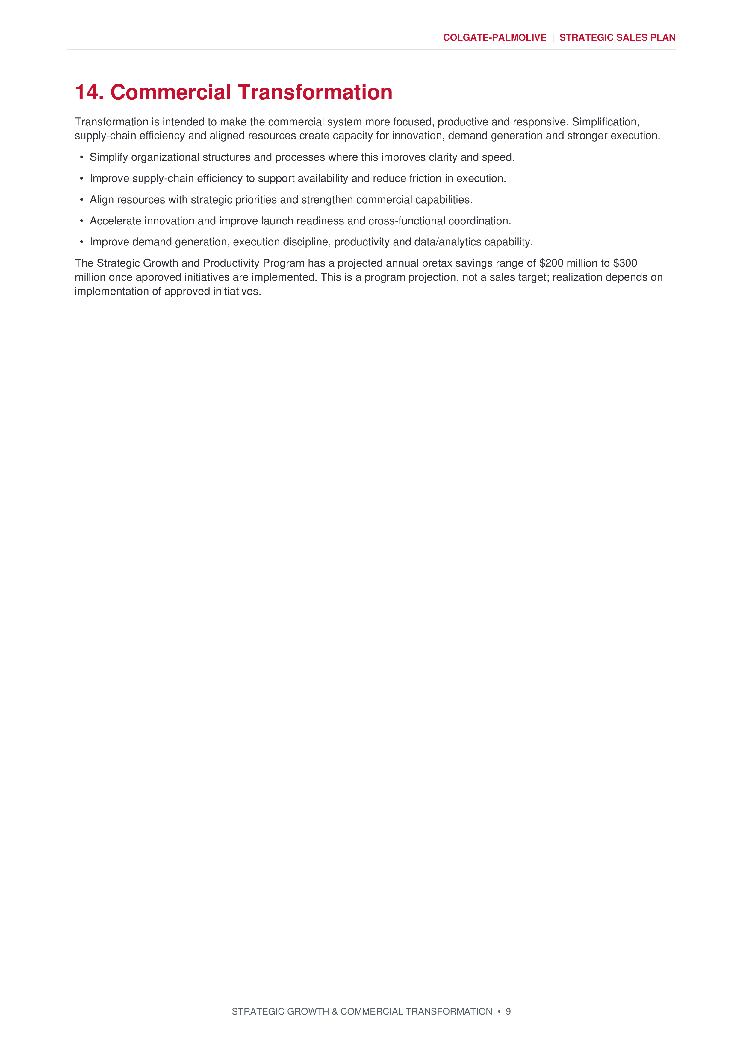 Colgate-Palmolive Strategic Growth & Commercial Transformation Sales Plan — page 9