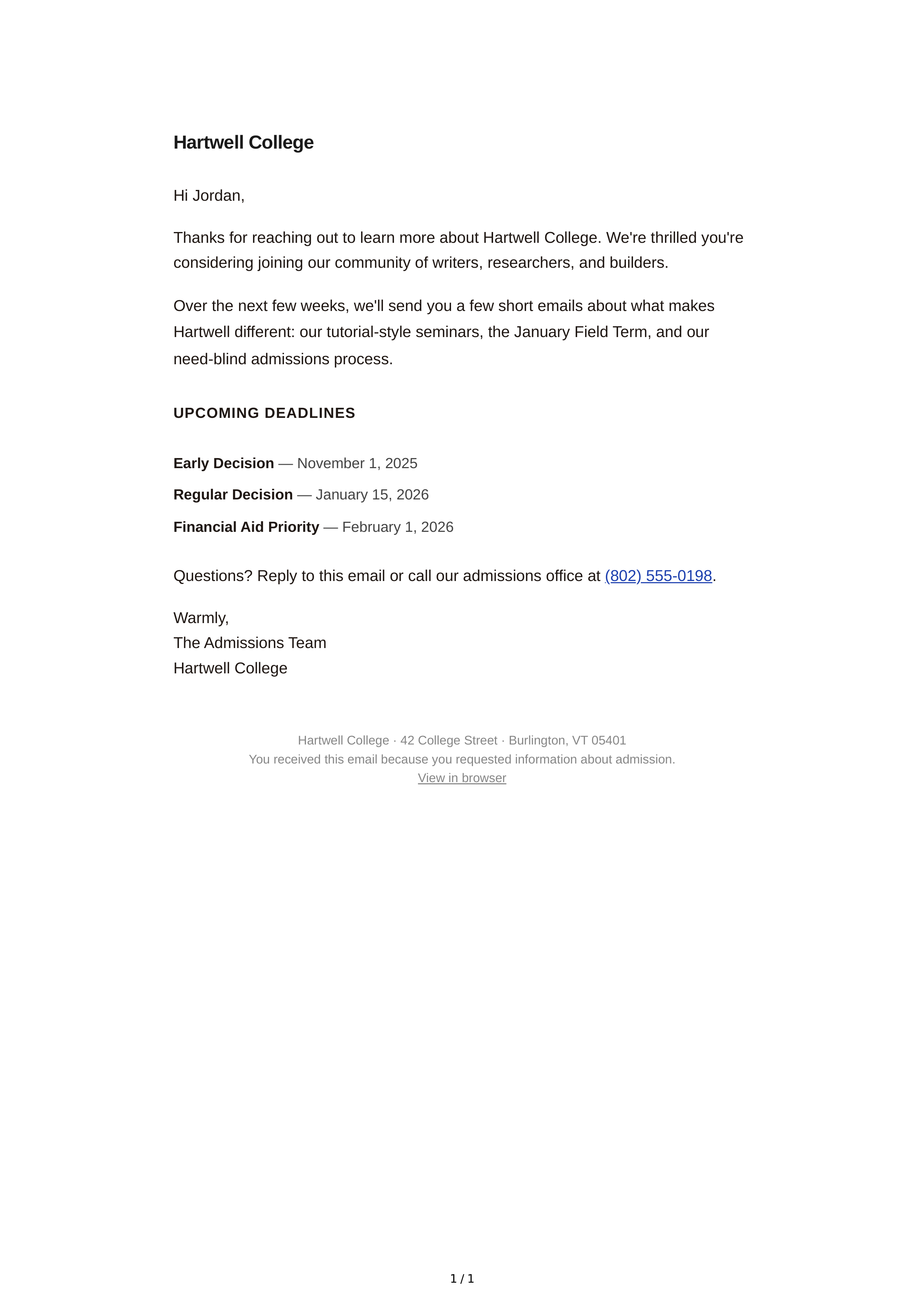 College Admission Inquiry Email — page 1