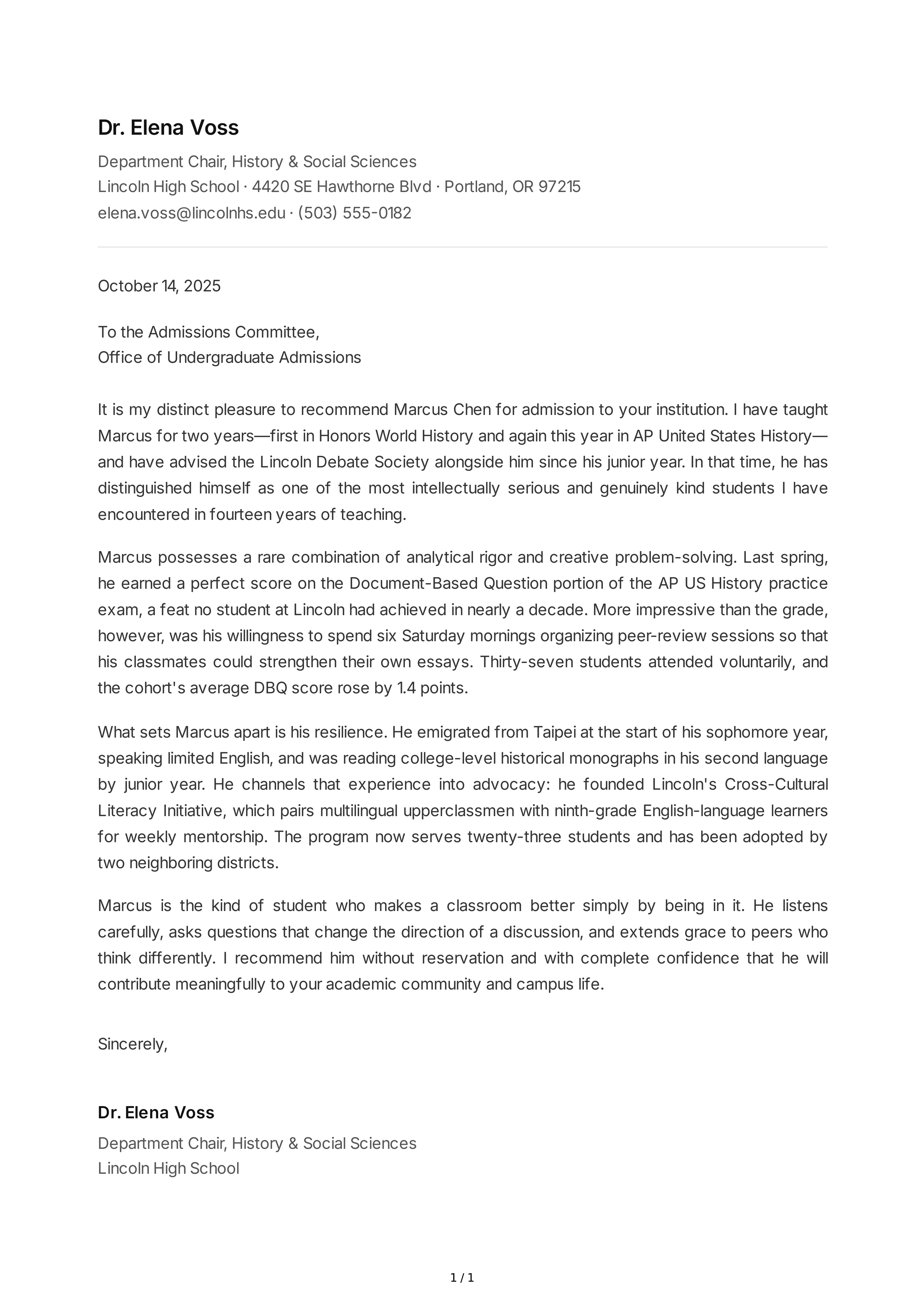 College Admission Reference Letter — page 1