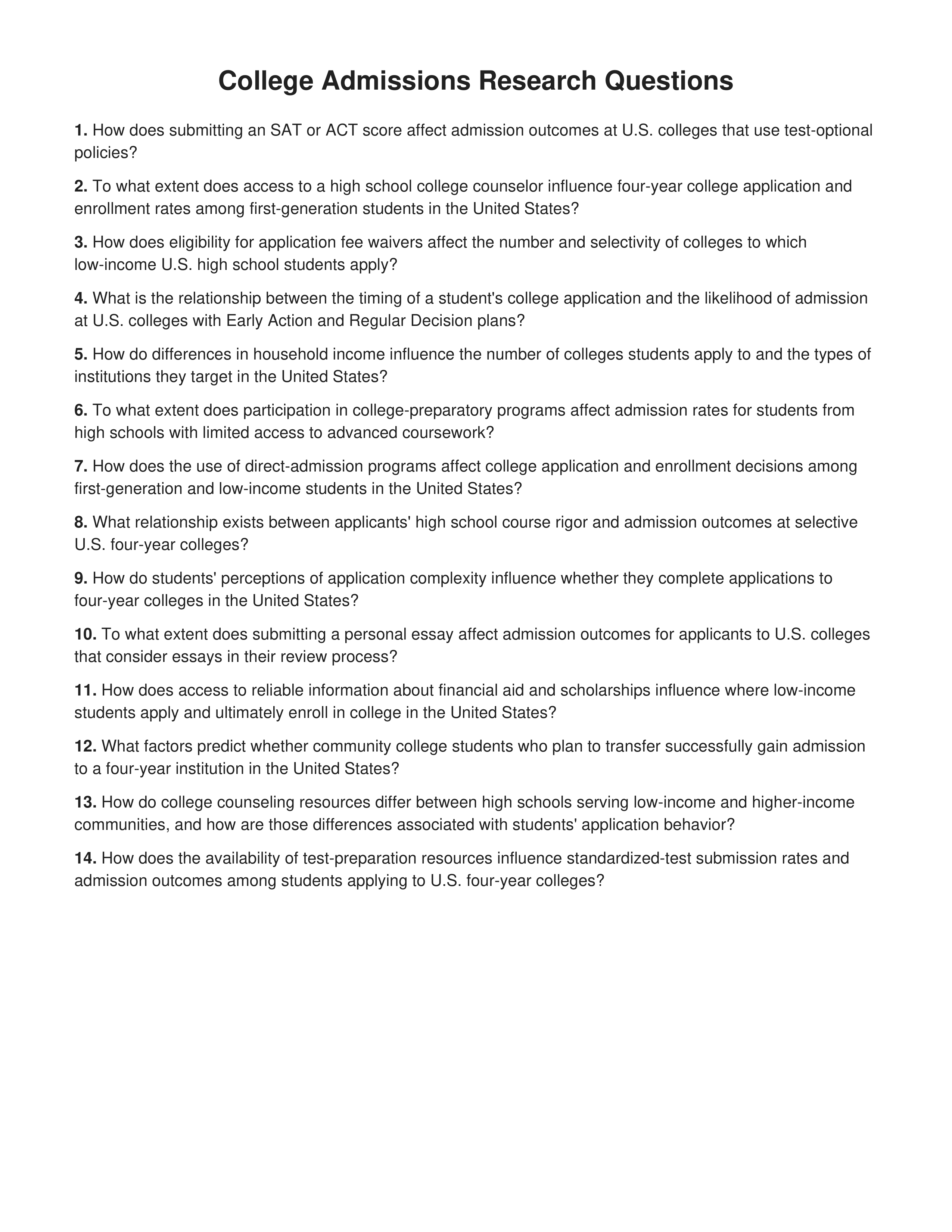 College Admissions Research Questions — page 1