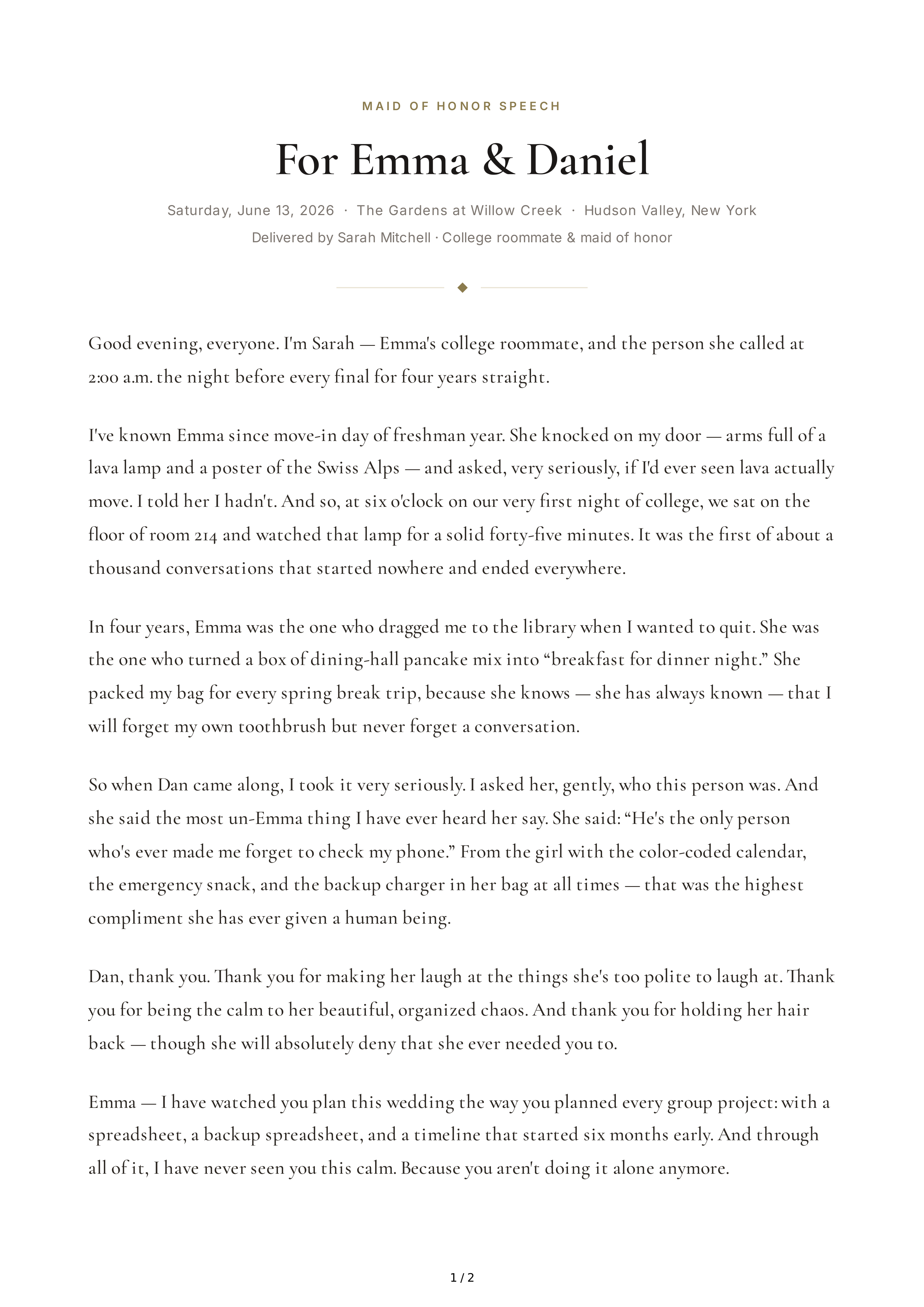 College Friend Maid of Honor Speech — page 1