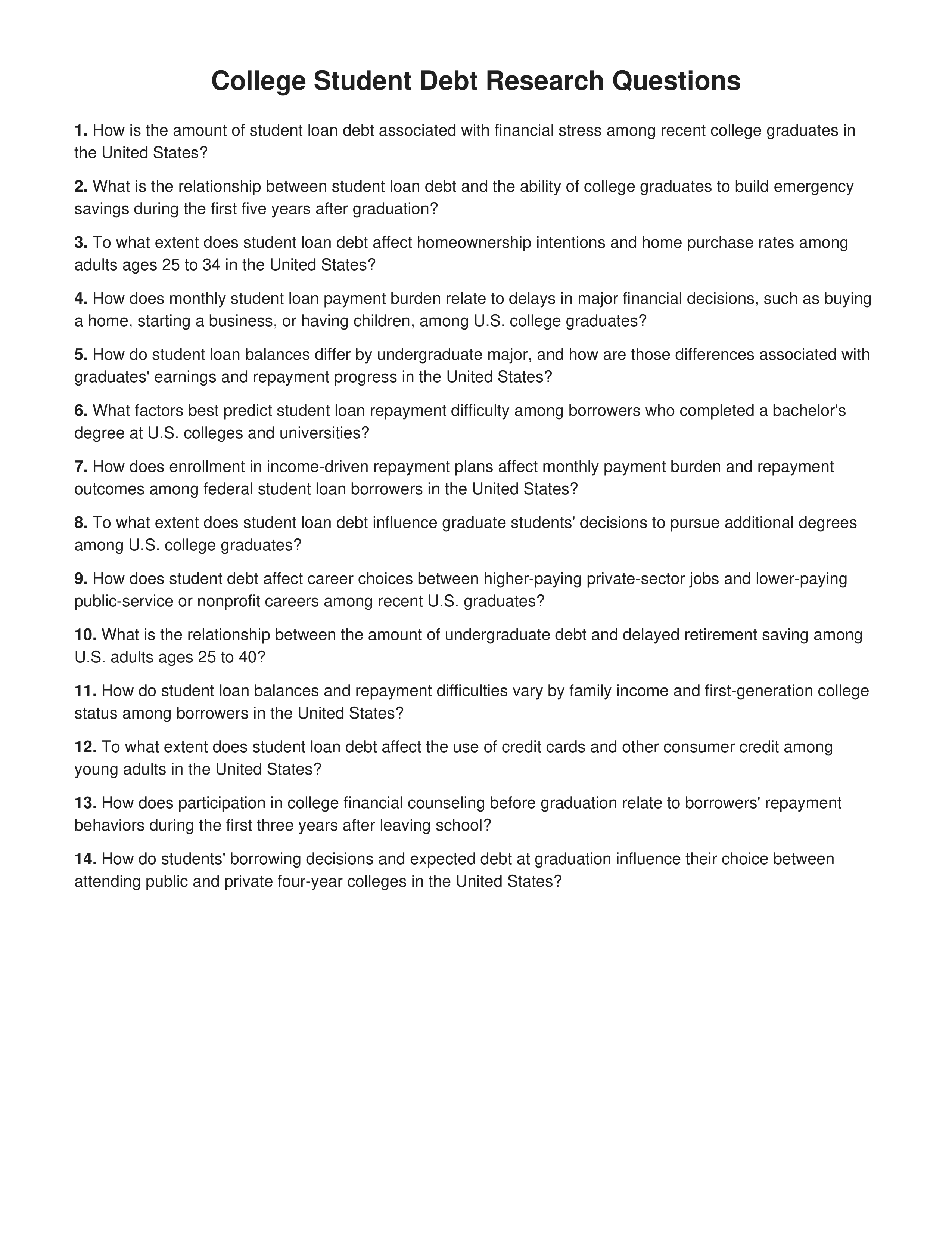 College Student Debt Research Questions — page 1