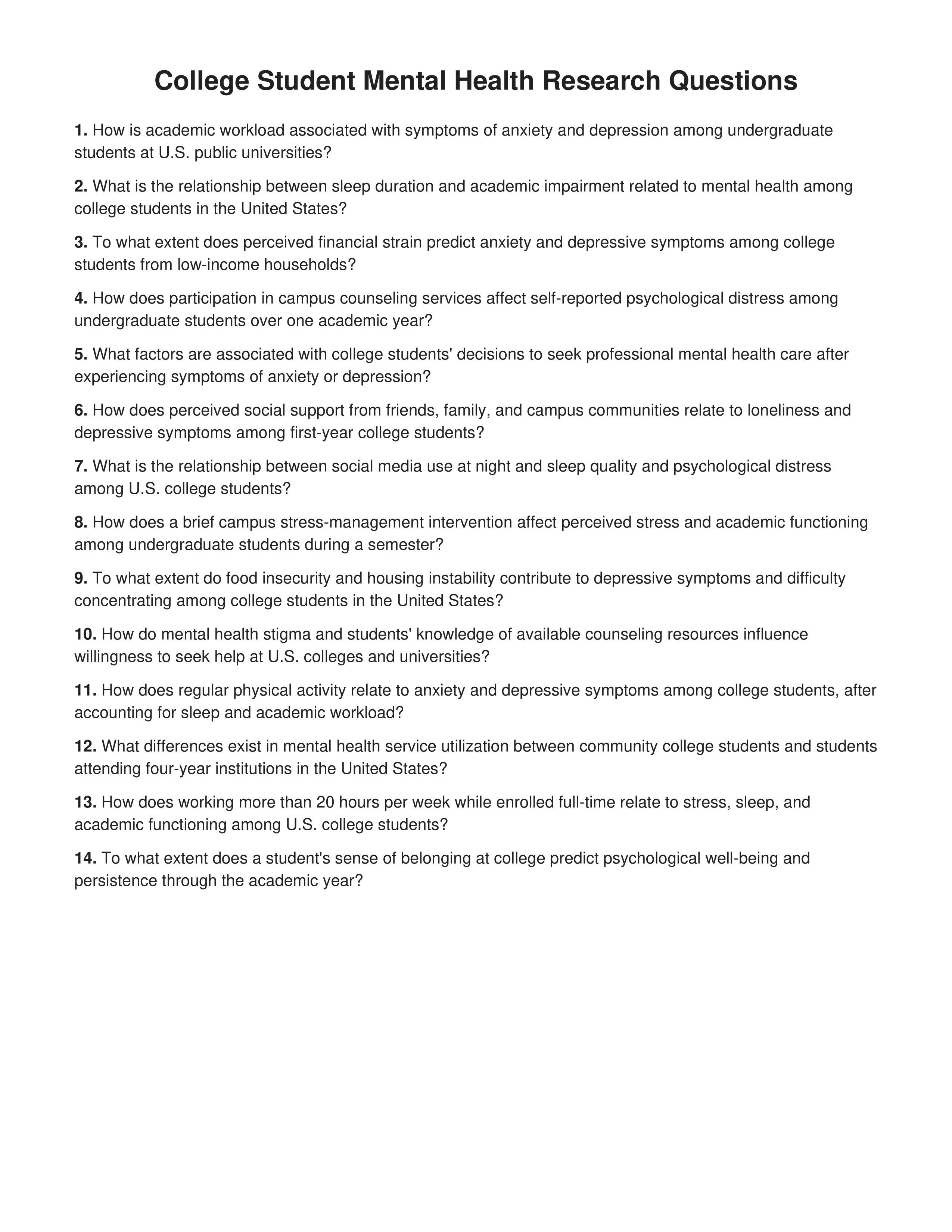College Student Mental Health Research Questions — page 1