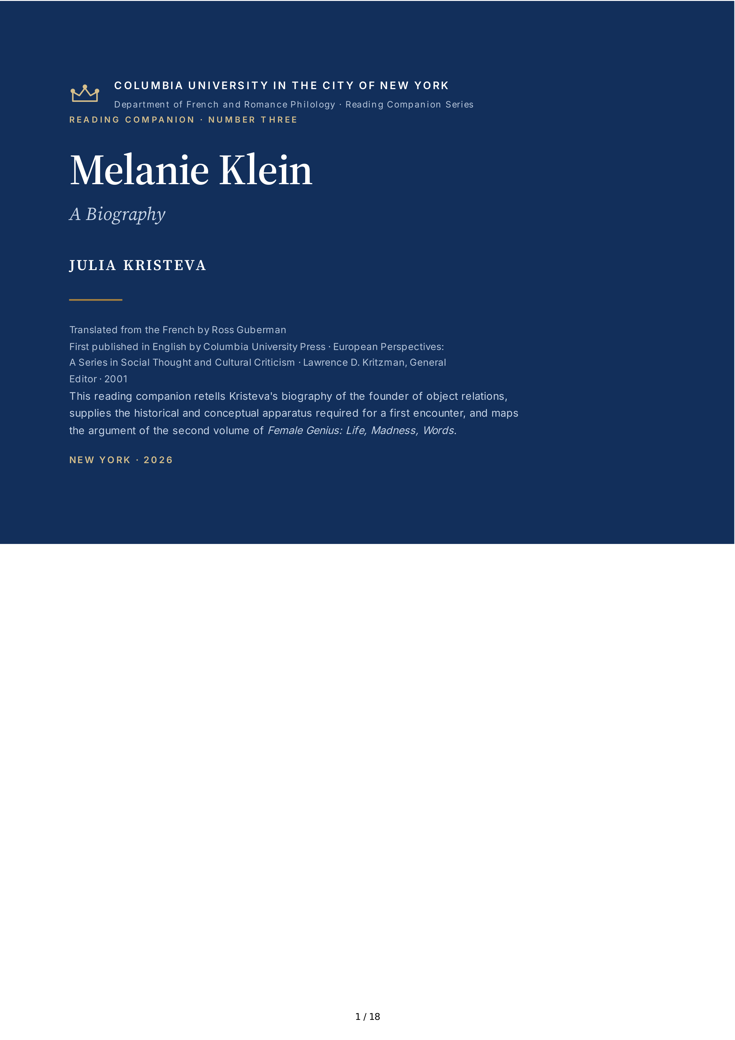 Columbia University Melanie Klein Biography by Julia Kristeva — page 1