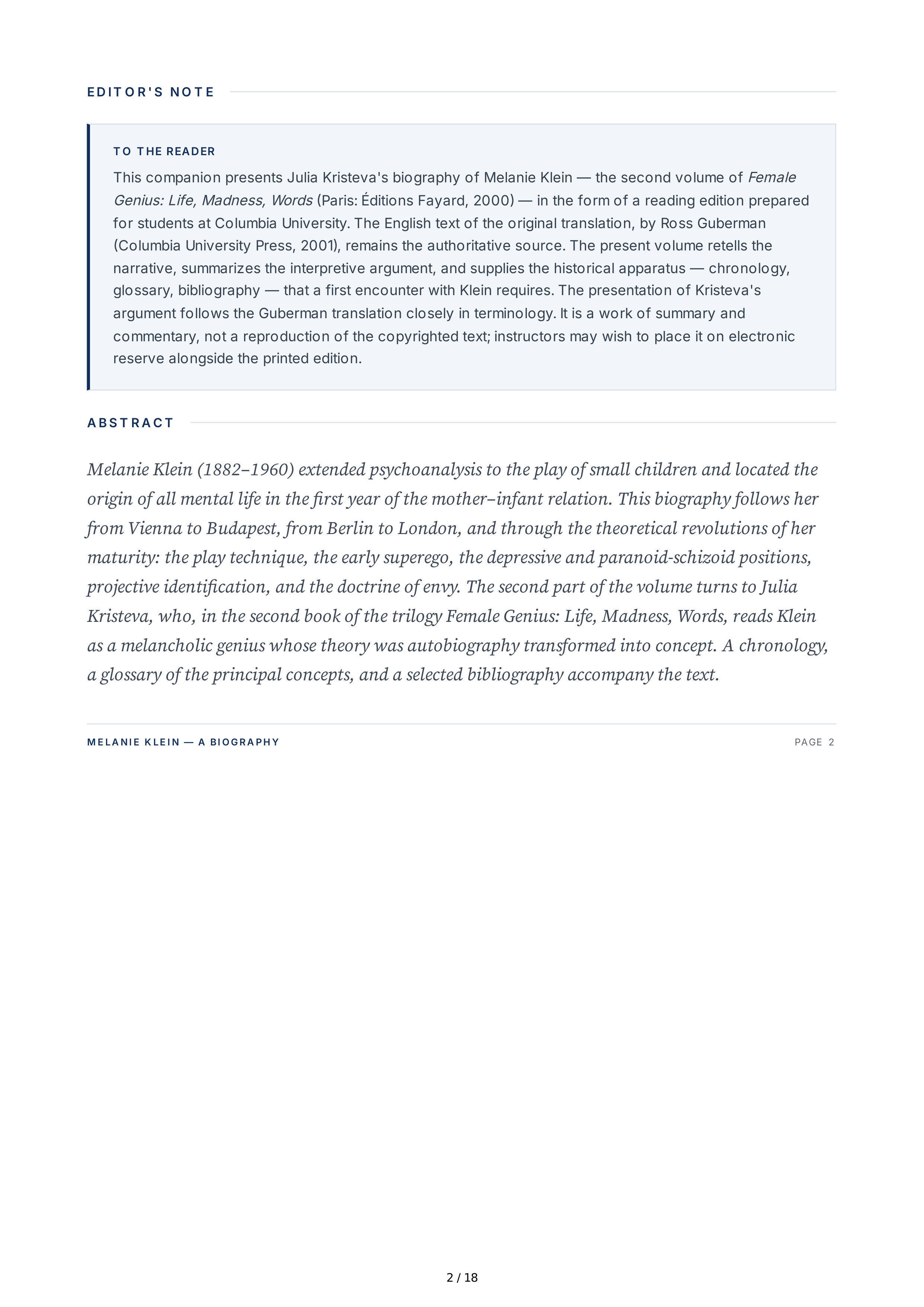 Columbia University Melanie Klein Biography by Julia Kristeva — page 2