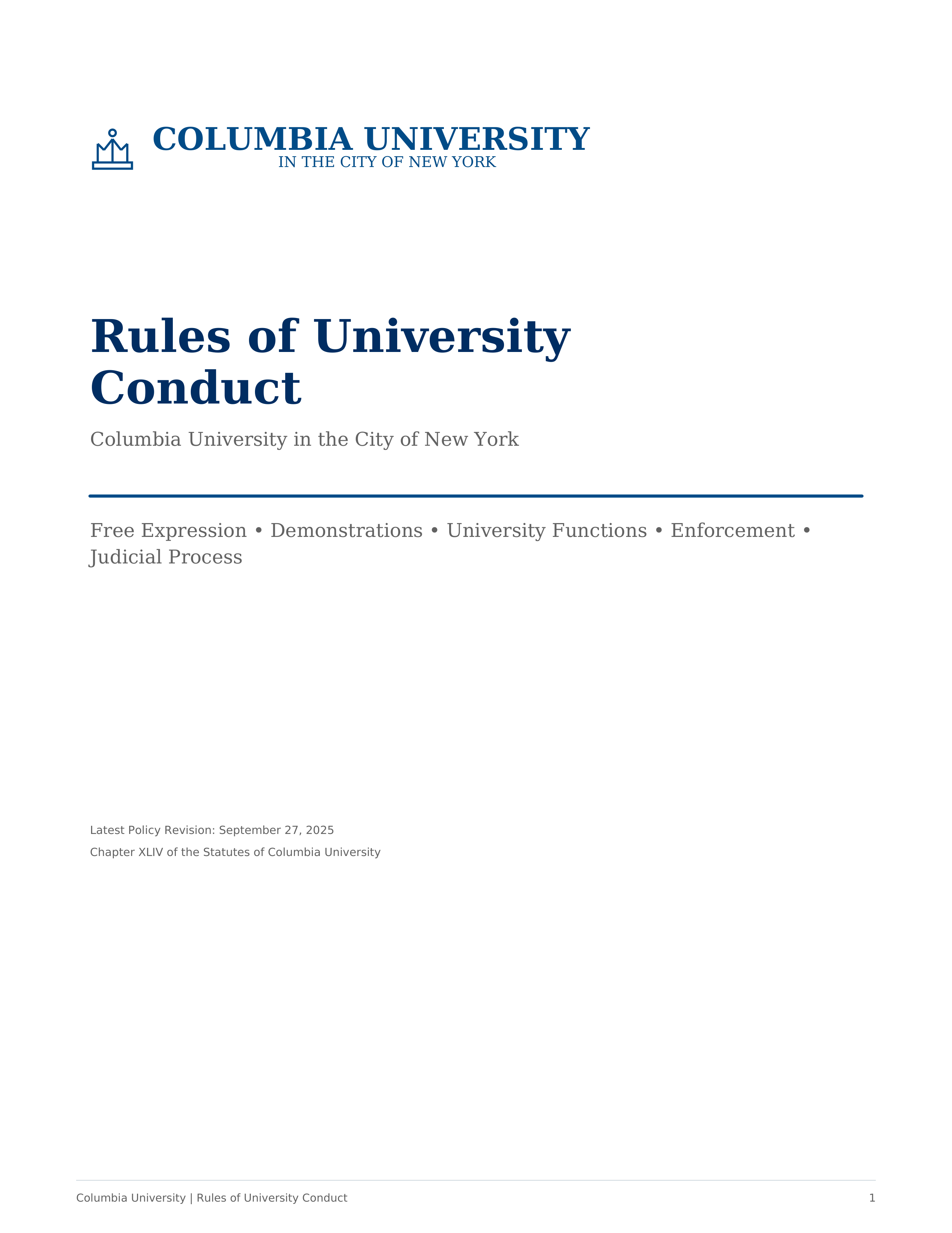 Columbia University Rules of University Conduct Handbook — page 1