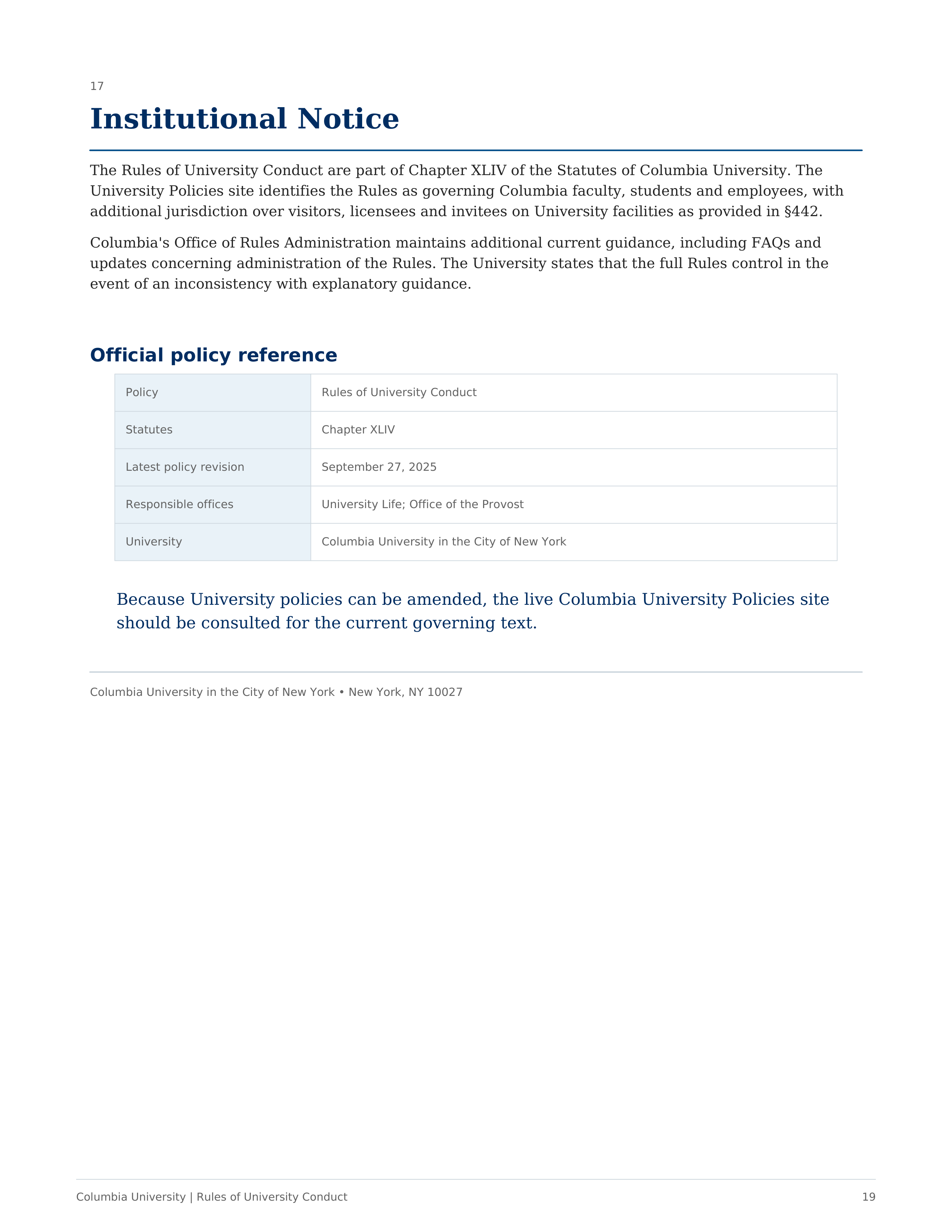Columbia University Rules of University Conduct Handbook — page 19
