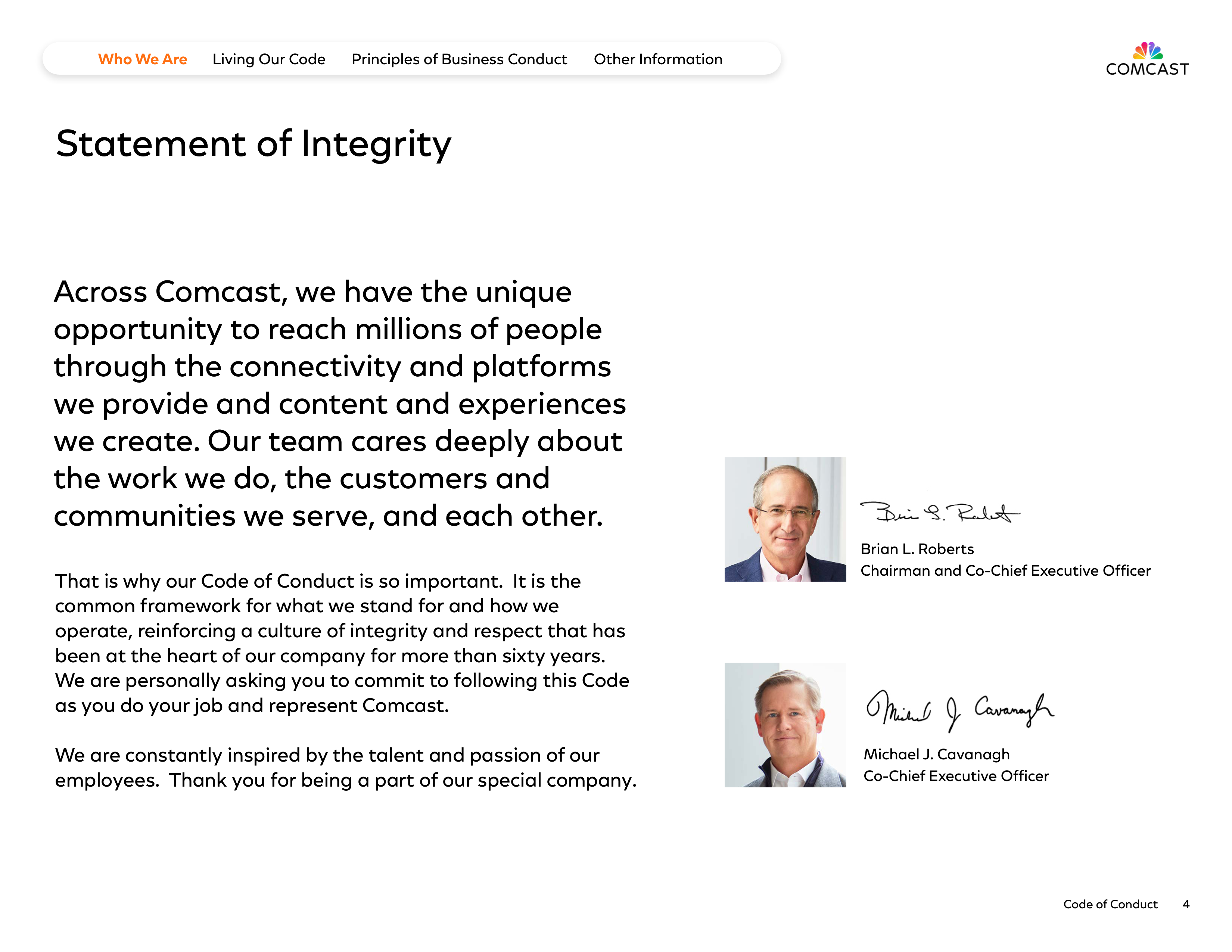 Comcast Corporation Code of Conduct Handbook — page 4
