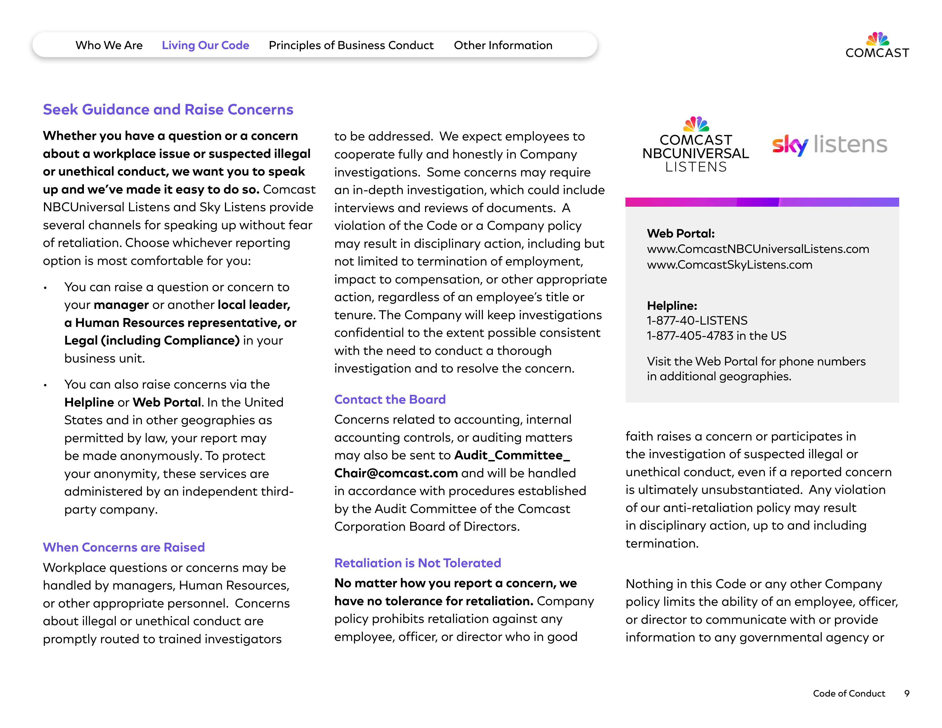 Comcast Corporation Code of Conduct Handbook — page 9