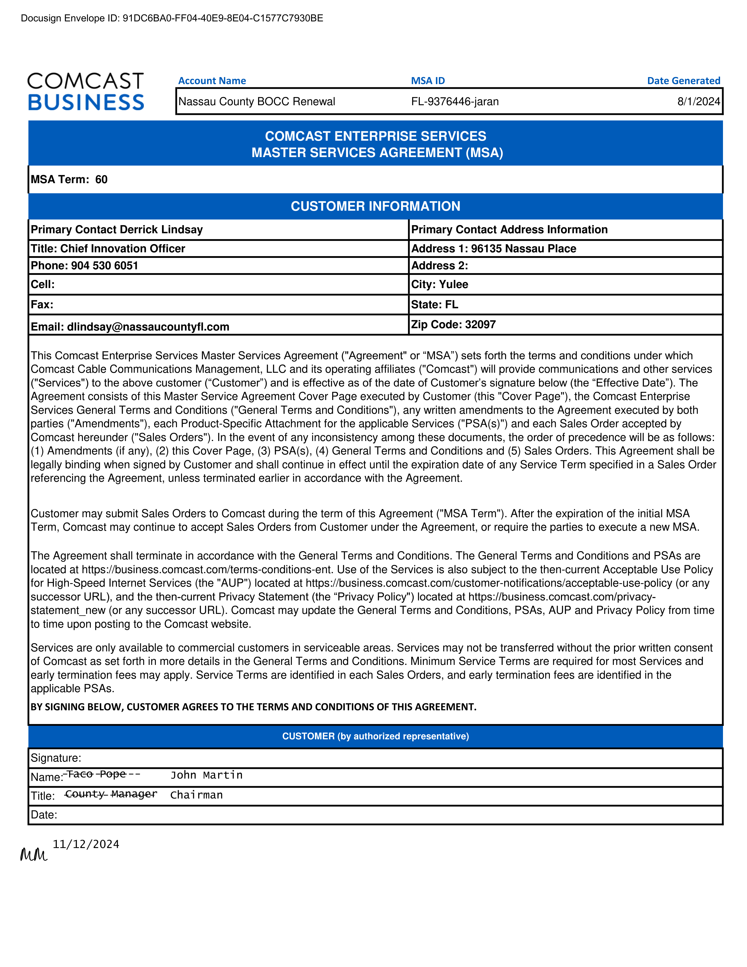 Comcast Enterprise Services Master Services Agreement — page 1
