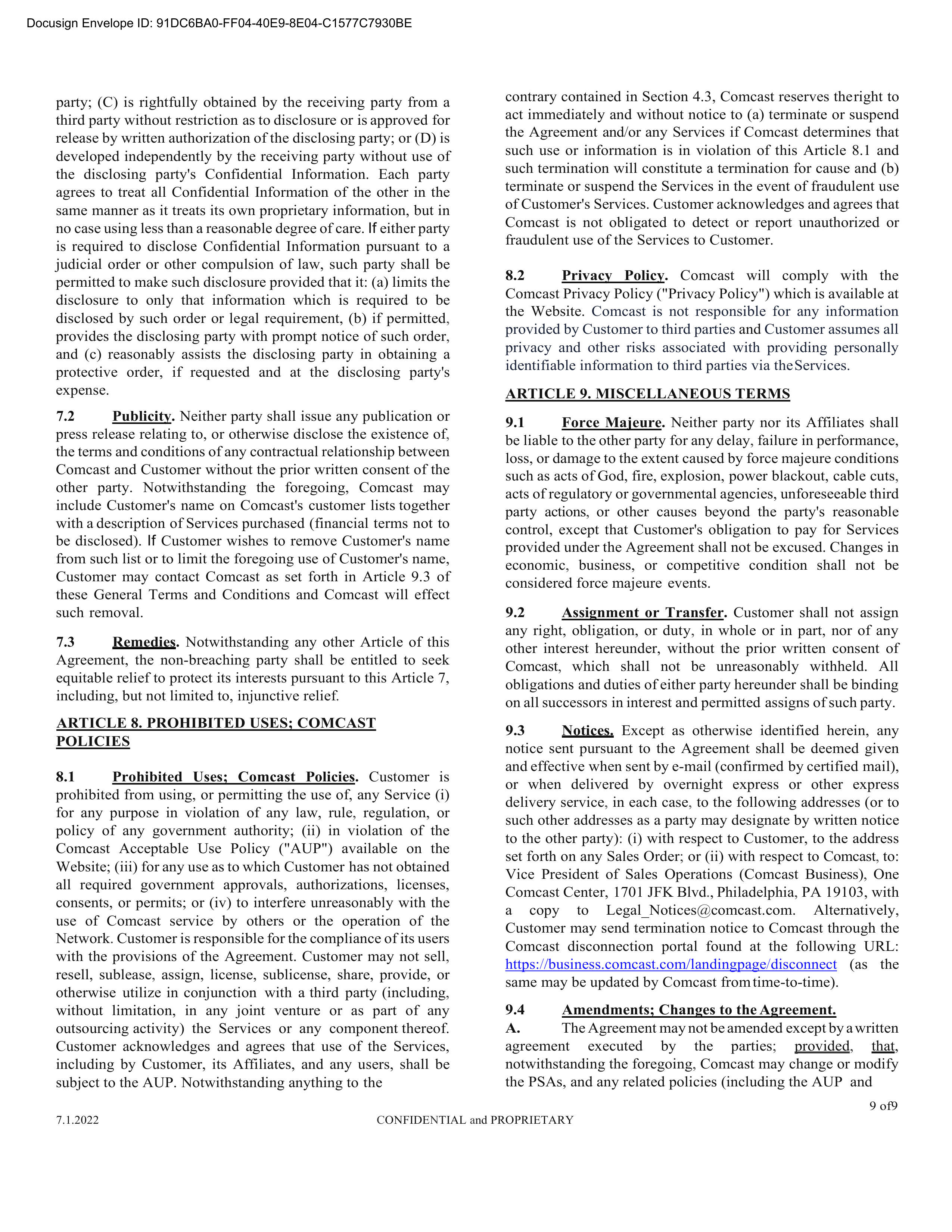 Comcast Enterprise Services Master Services Agreement — page 15