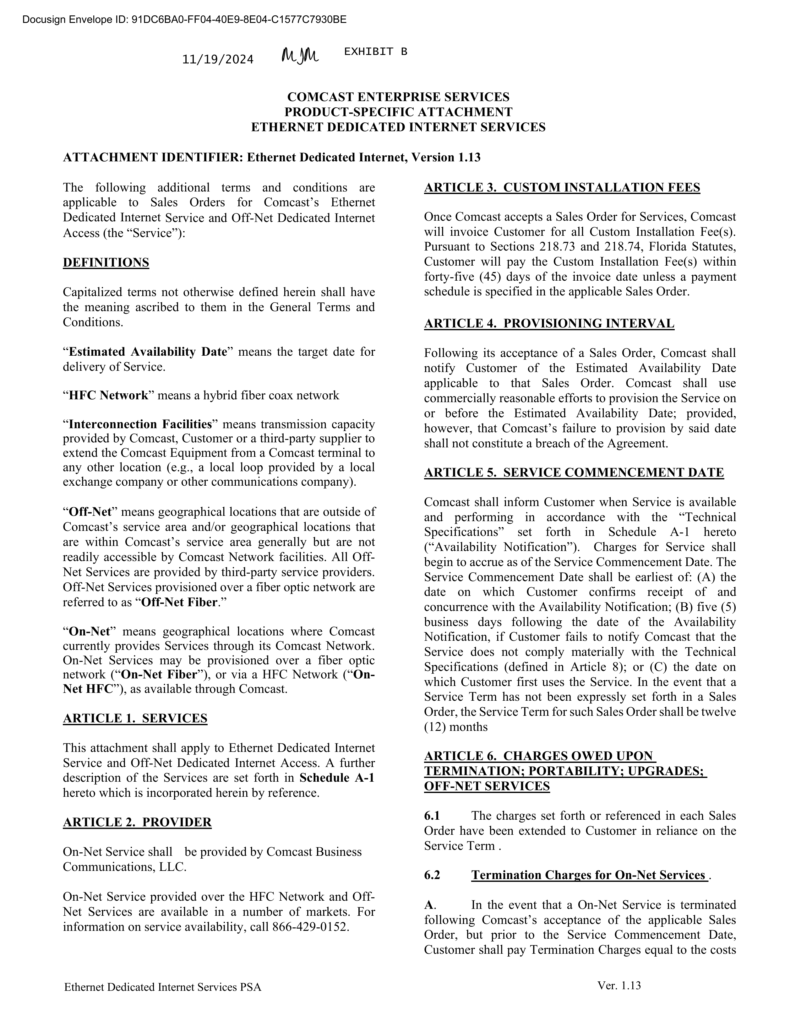 Comcast Enterprise Services Master Services Agreement — page 18