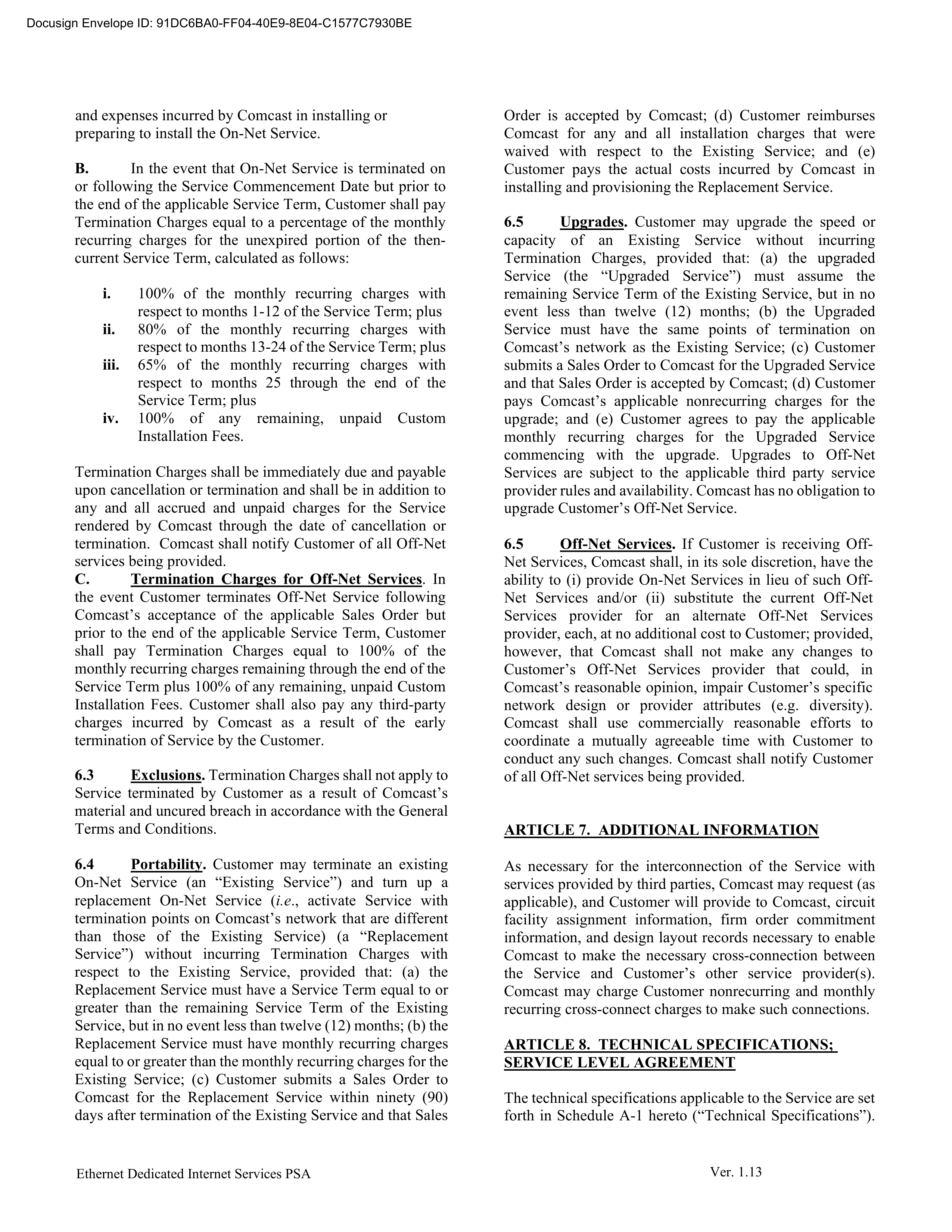 Comcast Enterprise Services Master Services Agreement — page 19