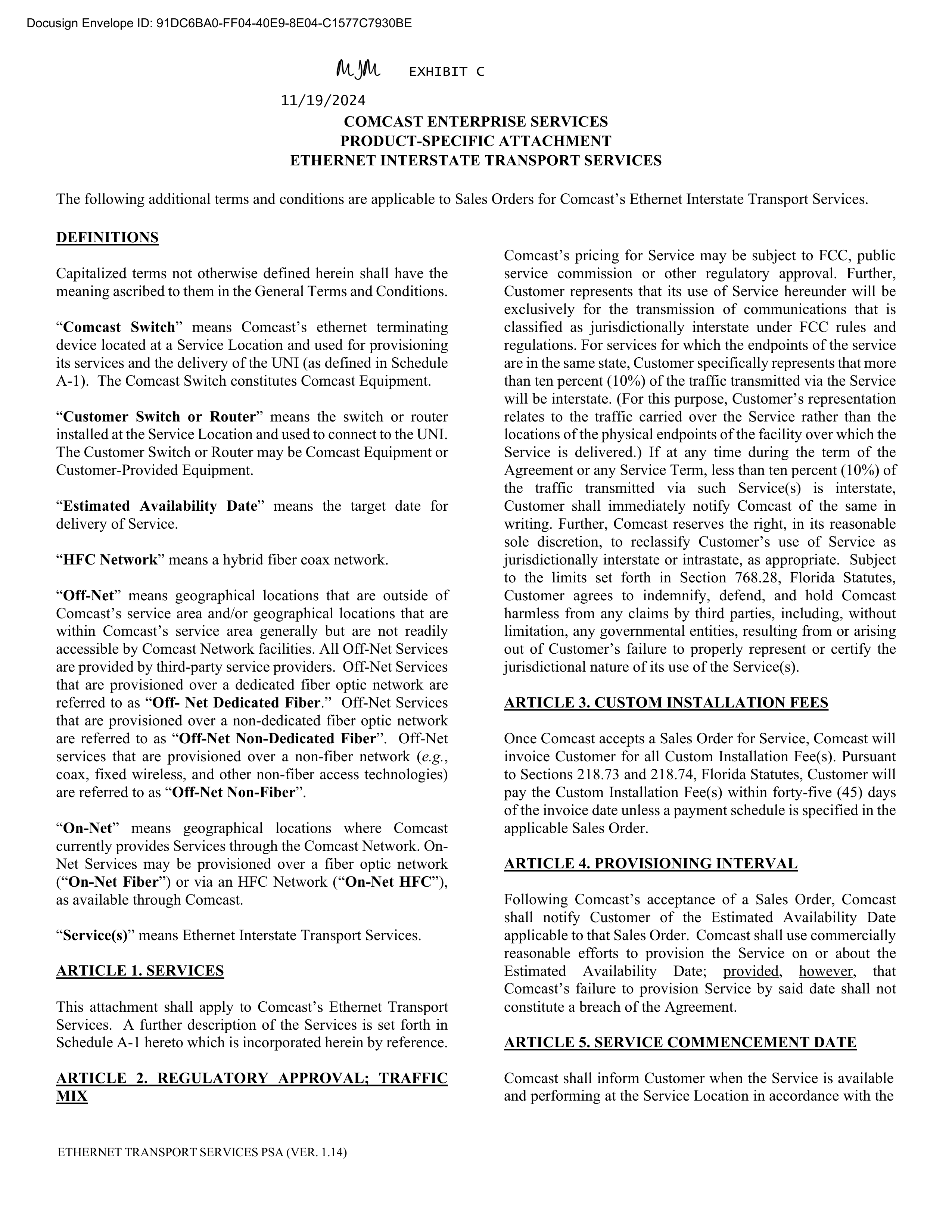 Comcast Enterprise Services Master Services Agreement — page 26