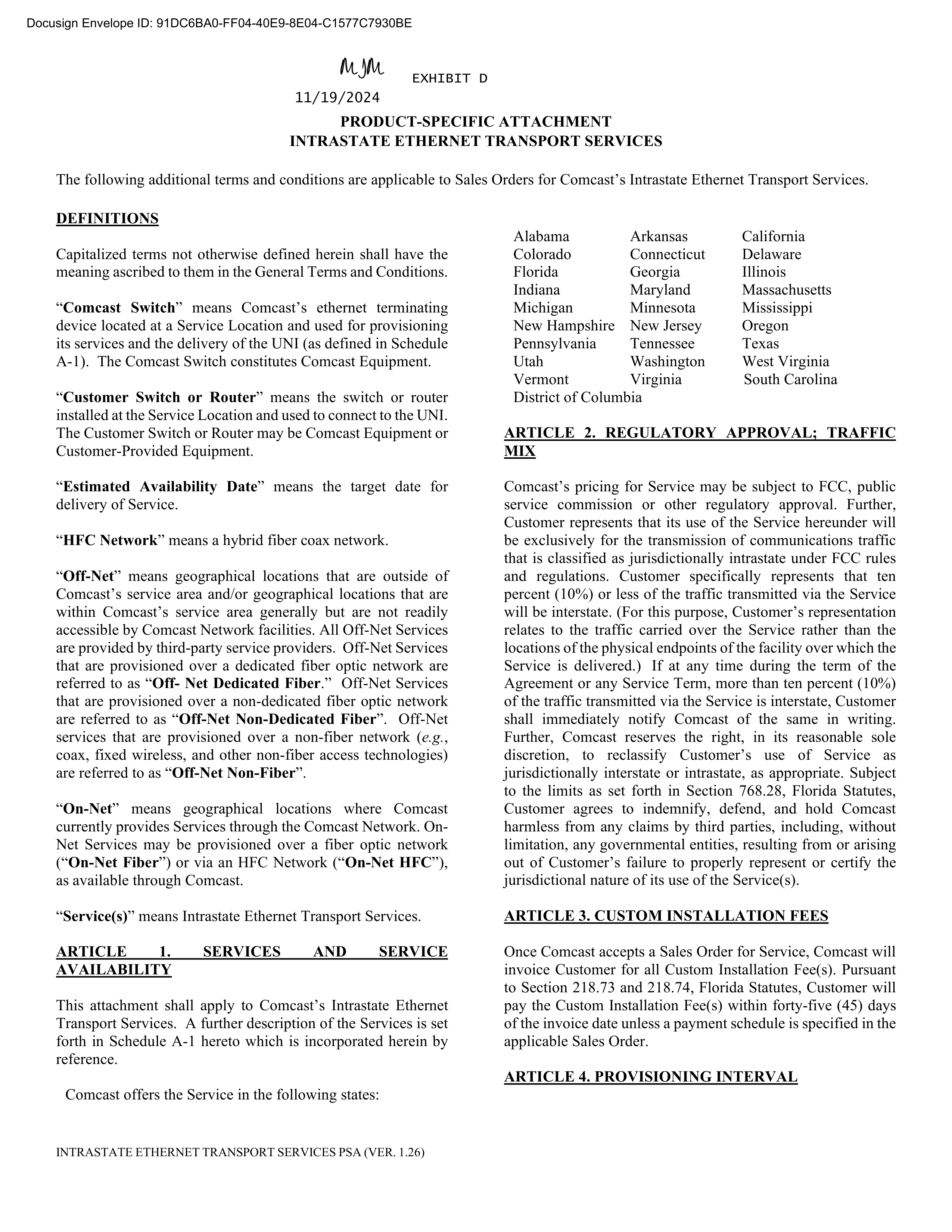 Comcast Enterprise Services Master Services Agreement — page 42