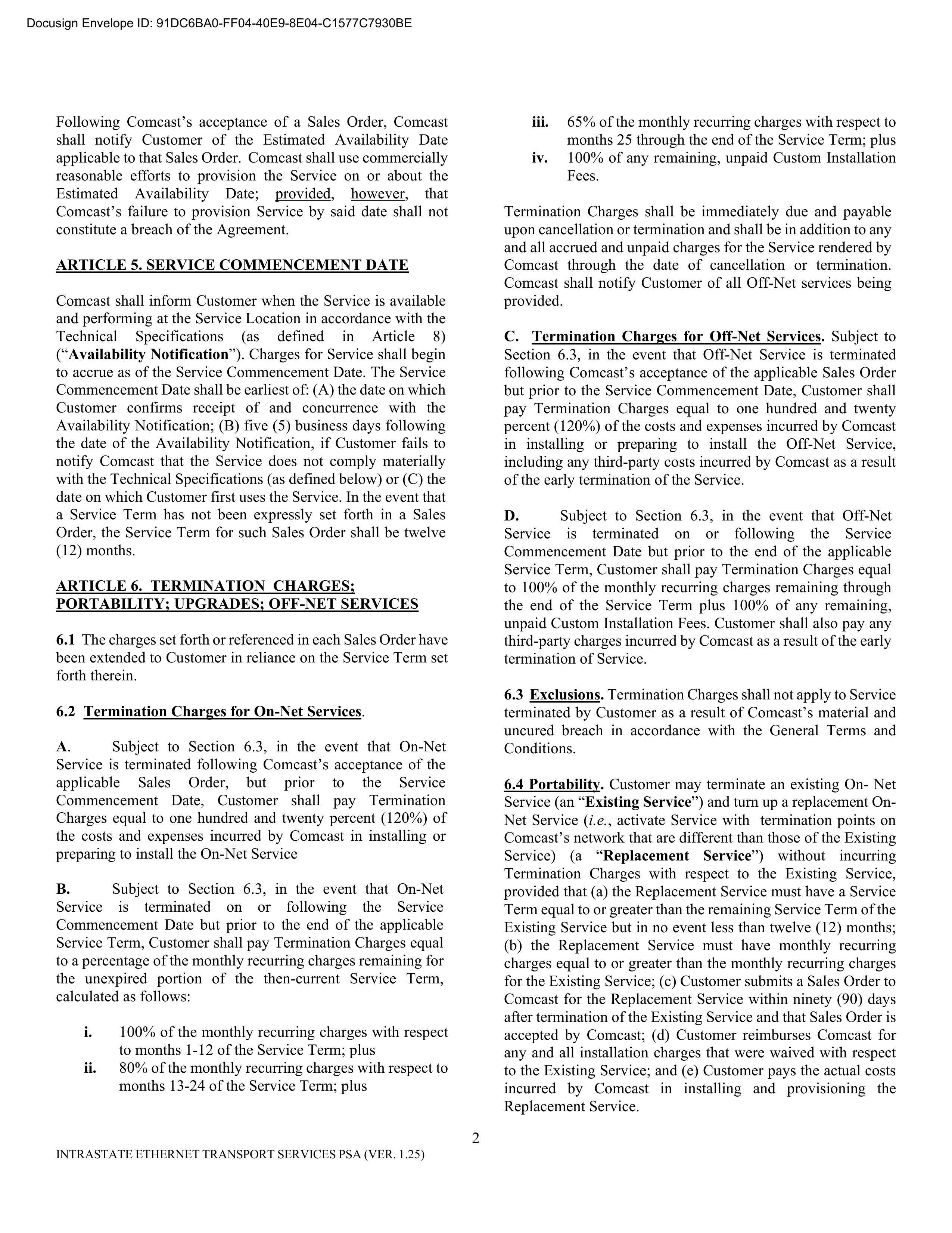 Comcast Enterprise Services Master Services Agreement — page 43