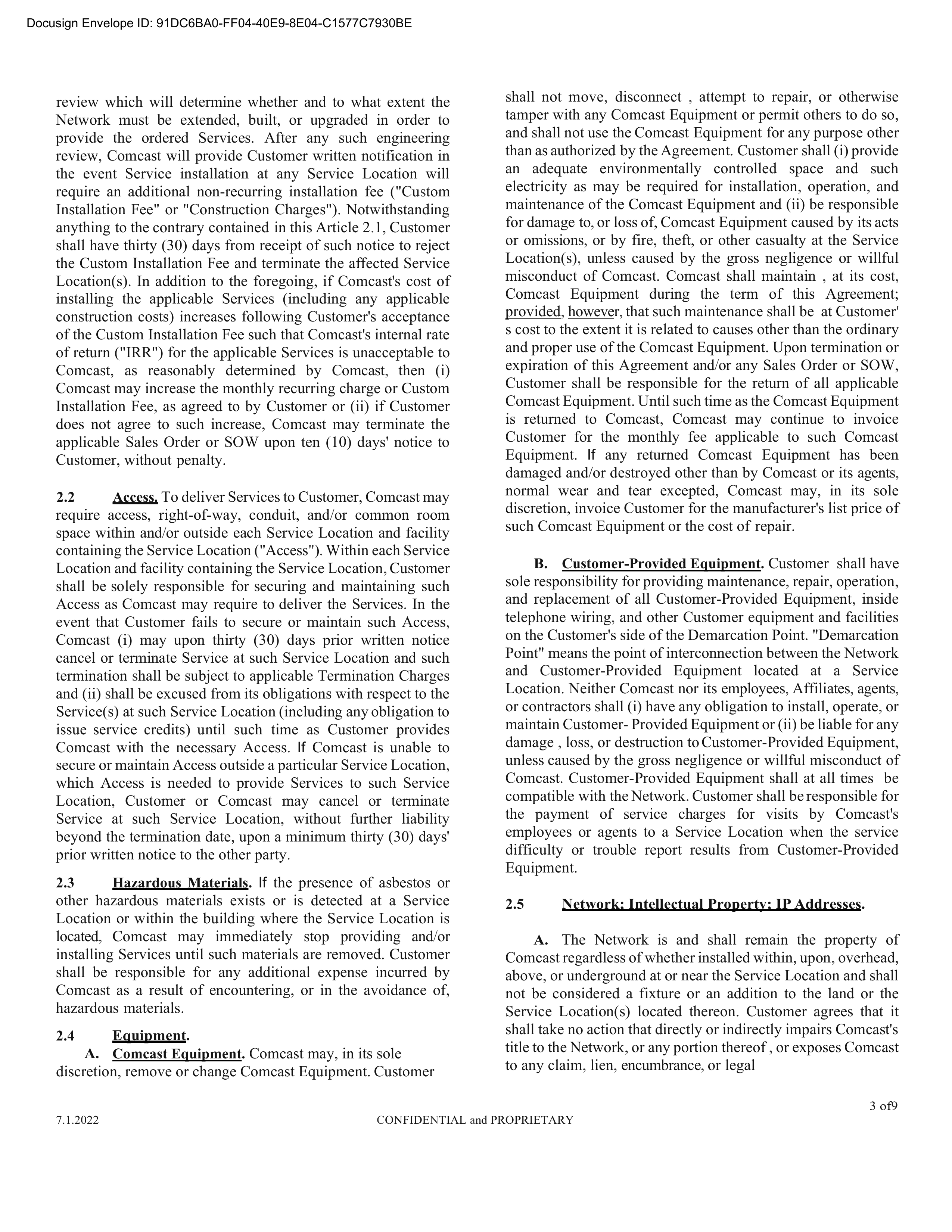 Comcast Enterprise Services Master Services Agreement — page 9