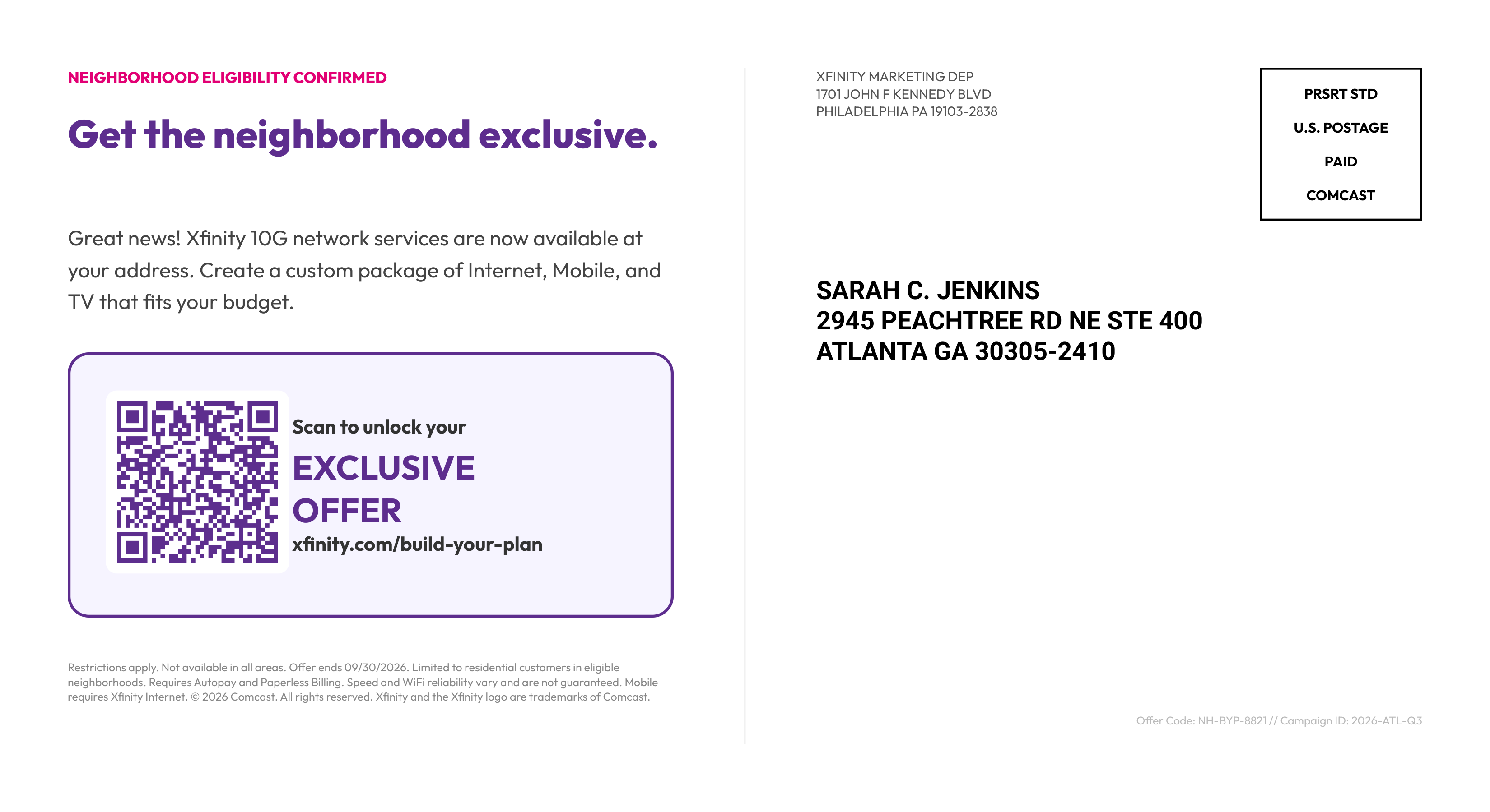 Comcast's Xfinity Build Your Own Plan Neighborhood Conquest Postcard — page 2